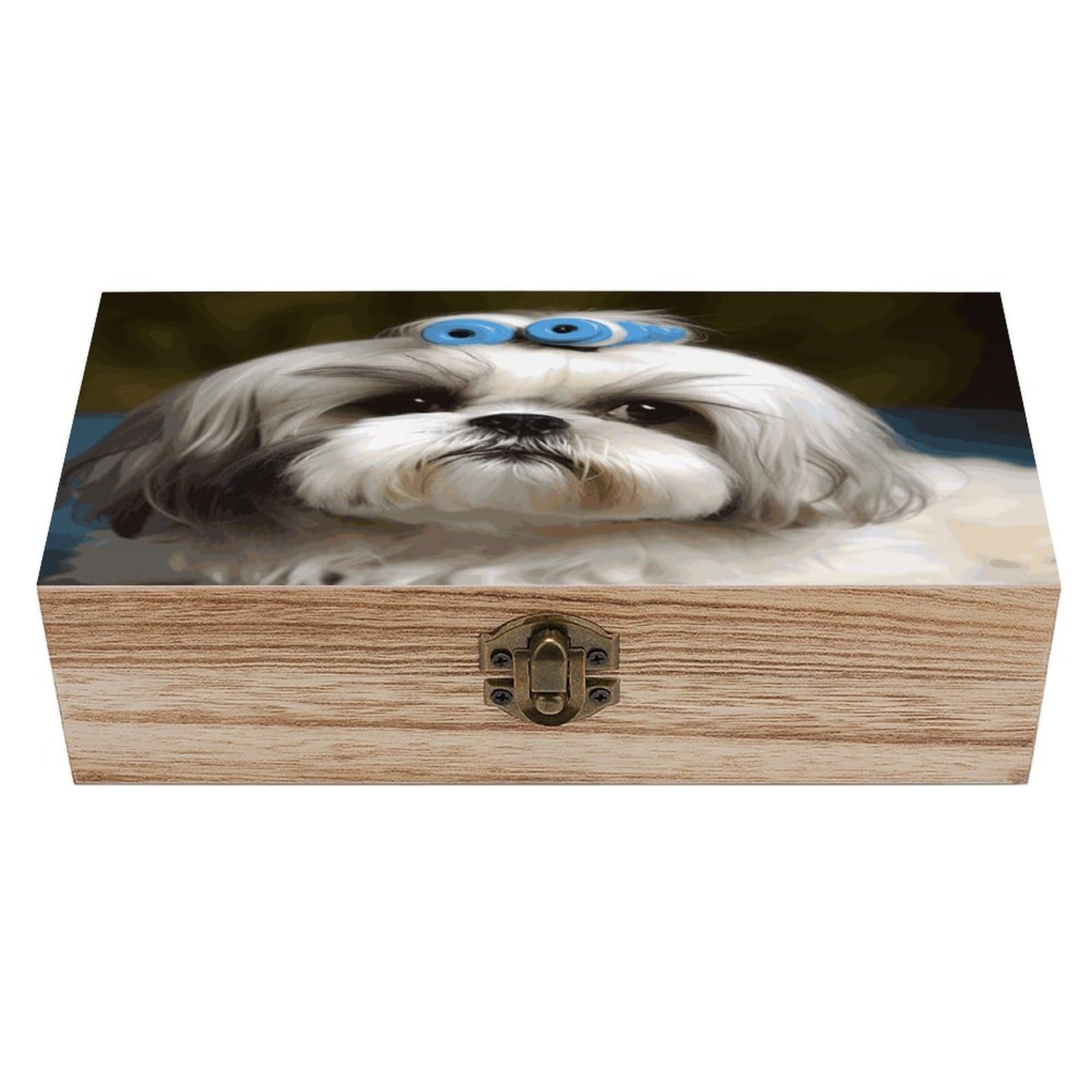 VstaDank Shih Tzu Dog Wooden Box with Hinged Lid Handmade Wooden Jewelry Boxs Organizer Personalized Woodens Keepsake Box for Pictures Wedding Photo Jewelry Decorative Chest Rustic Crate