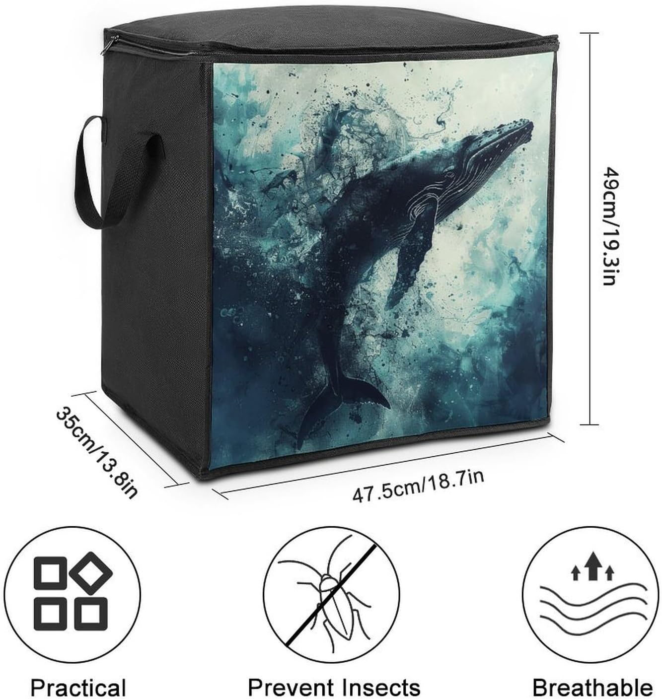 Portable Quilt Storage Bag,Whale in Water Printed Foldable Wardrobe Storage Box Foldable Storage Bag with Lids And Handle Large Clothing Storage Bag for Comforters Clothes Blankets Pillows