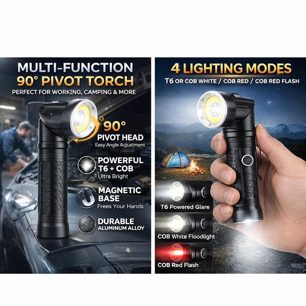Lampe Torche LED Portable Puissante Zoomable T6 avec Lampe COB Queue Magnétique Pliable 90° et 4 Modes Lampe de Poche Professionnelle pour Randonnée, Camping, Urgence et Inspection