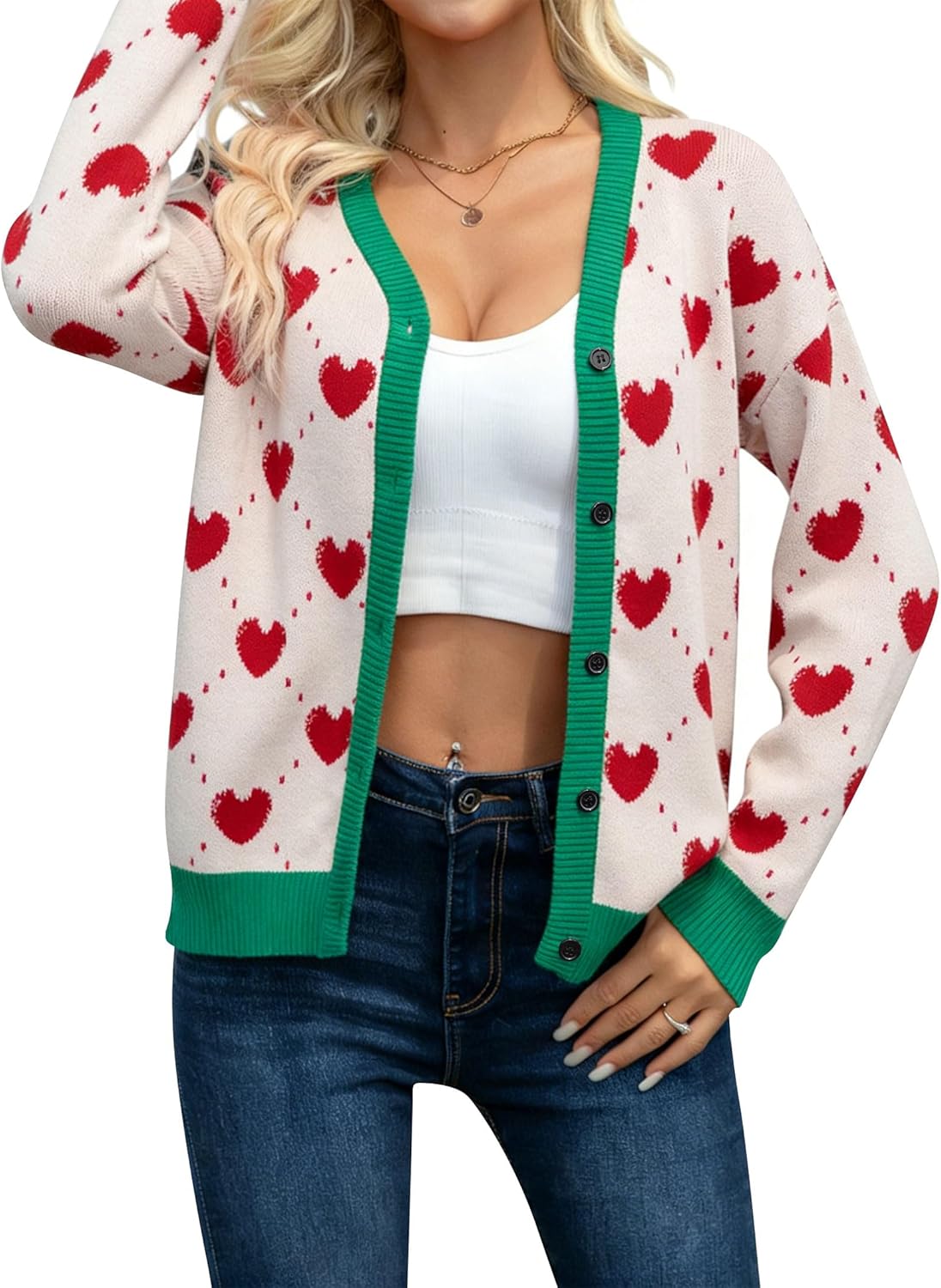 NEWWEN Valentines Cardigan Sweaters for Women Heart Graphic Knit Sweater Button Down V Neck Open Front Outerwear