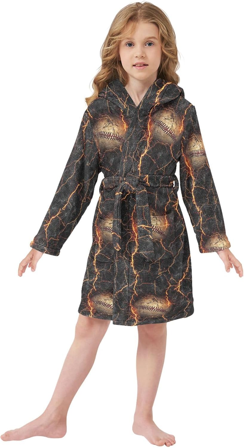 Baseball Lightning Black Bathrobe Hooded PJ Robe Plush Fleece Robe Pajama Sleepwear 2-12 Years