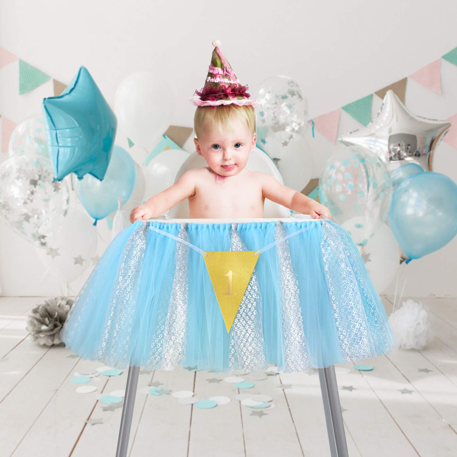 1st Birthday Tutu Skirt for High Chair Decoration Tulle Chair Skirt for Baby Shower Birthday Party Supplies(Blue and Silver)