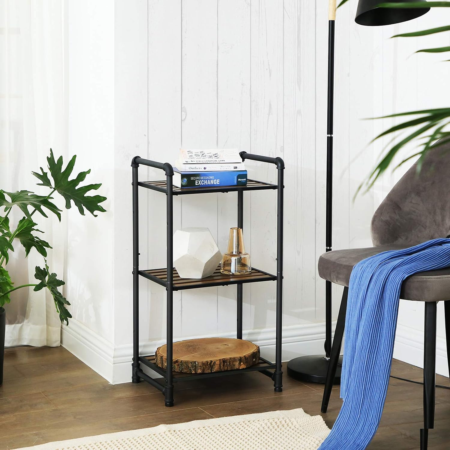 VASAGLE 3-Tier Storage Rack, Customizable Bathroom Kitchen Shelf, Industrial Extendable Plant Stand with Adjustable Shelf, 15.6 x 12 x 28.9 Inches, Rustic Brown and Black UBSC23BX