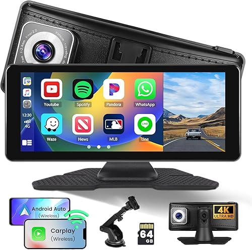 Hikity - Radio portátil inalámbrica para automóvil Carplay 4K, cámara de tablero Hikity de 6.86 pulgadas, pantalla táctil para jugar con Android