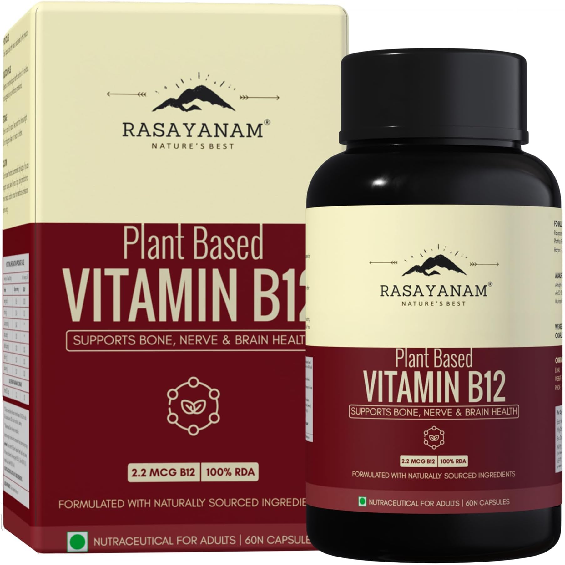 Rasayanam Plant Based Vitamin B12 supplement for Men & Women (120 Capsules) | Organic Formulation for Vegetarians & Vegans to support Nervous System & Brain Function
