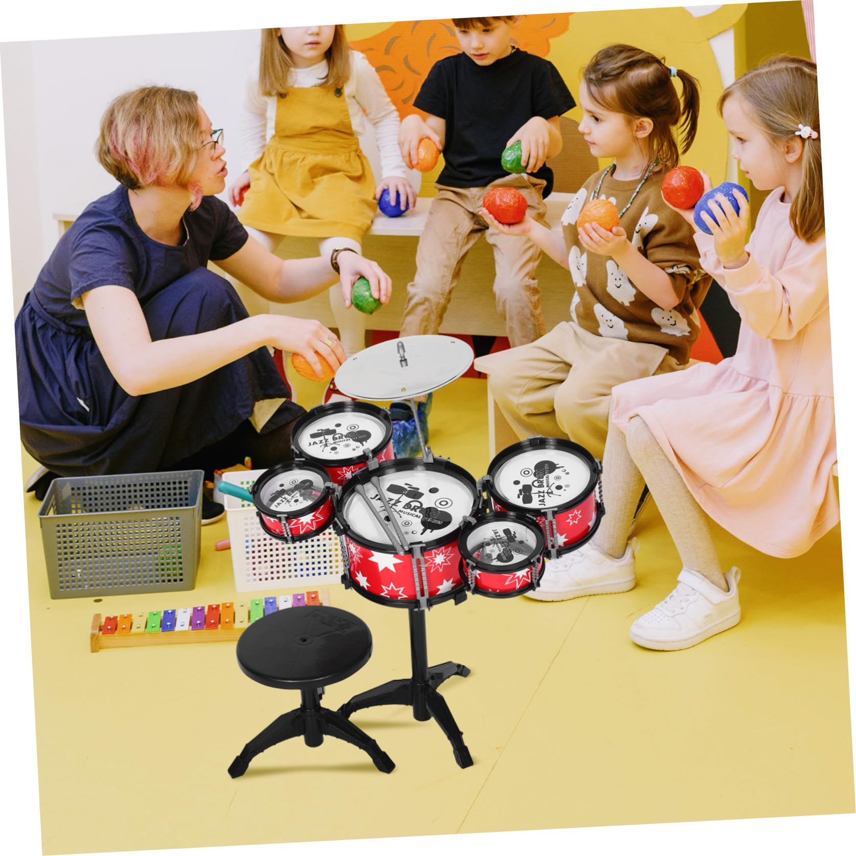 iplusmile Set Batteria per Bambini Tamburo Giocattolo Musicale Multifunzionale in Plastica Rossa per Educazione Precoce e Sviluppo dei Piccoli