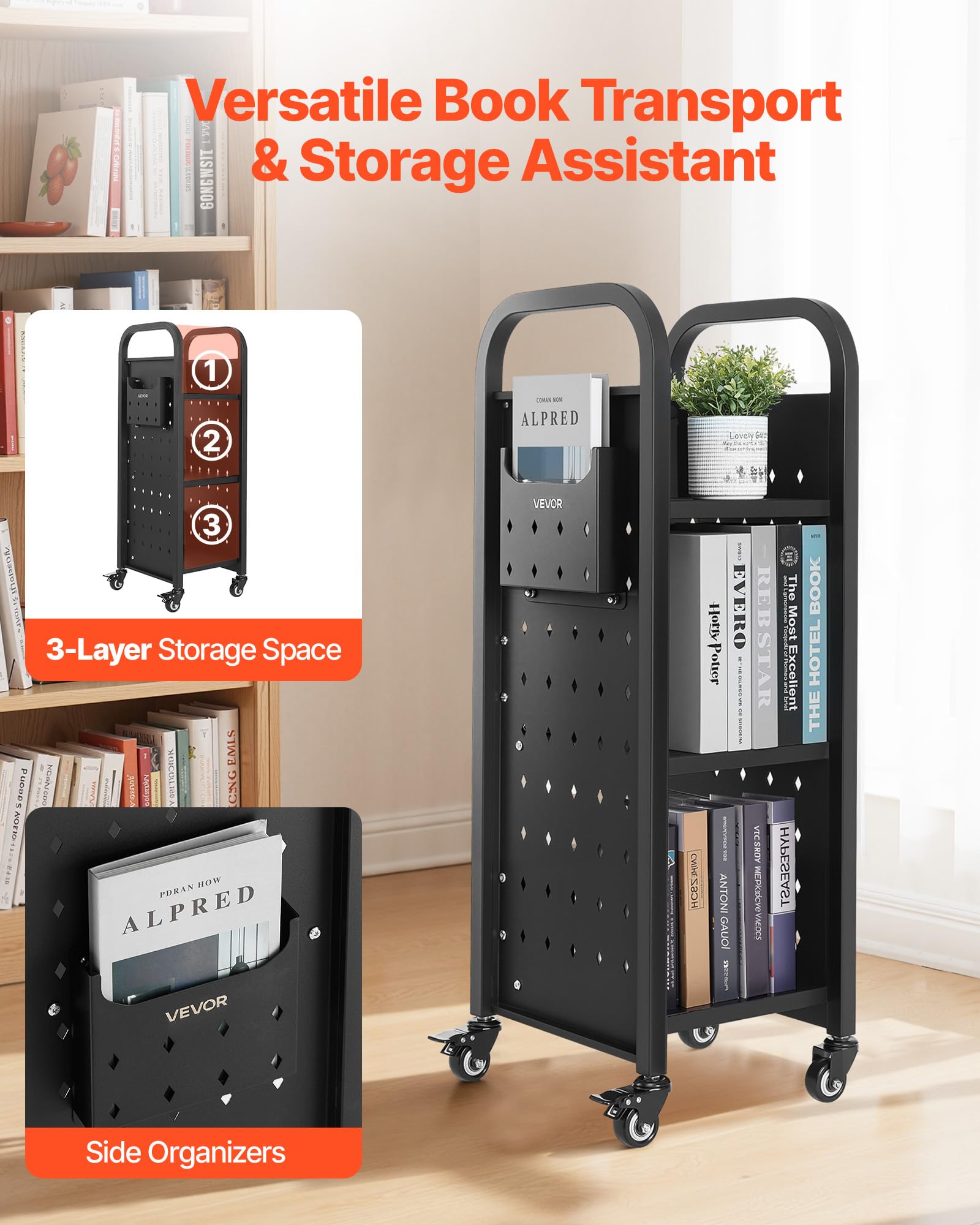 VEVOR Carrello Portalibri con Ruote 320 x 350 x 935 mm Carrello Rotante Porta Libri, Carico 100 kg Ripiani a L Monofacciali con Ruote Bloccabili 5 cm per Scaffali di Casa, Ufficio e Scuola, Nero