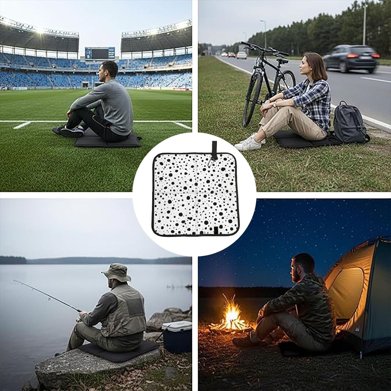 (Black and White Dot) Sitting Pad Foldable Seat Cushion Lightweight Camping Seat Mat with Hook for Outdoor Hiking Picnic Camping