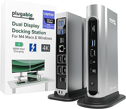 Plugable 16-in-1 Thunderbolt 4 Dock Dual 4K Monitors for M4/M5 MacBook Air/Pro, 100W Charging, 2X HDMI, 2X DisplayPort, 2.5G Ethernet, 7X USB, MicroSD/SD Card Reader, Windows & USB4 Compatible