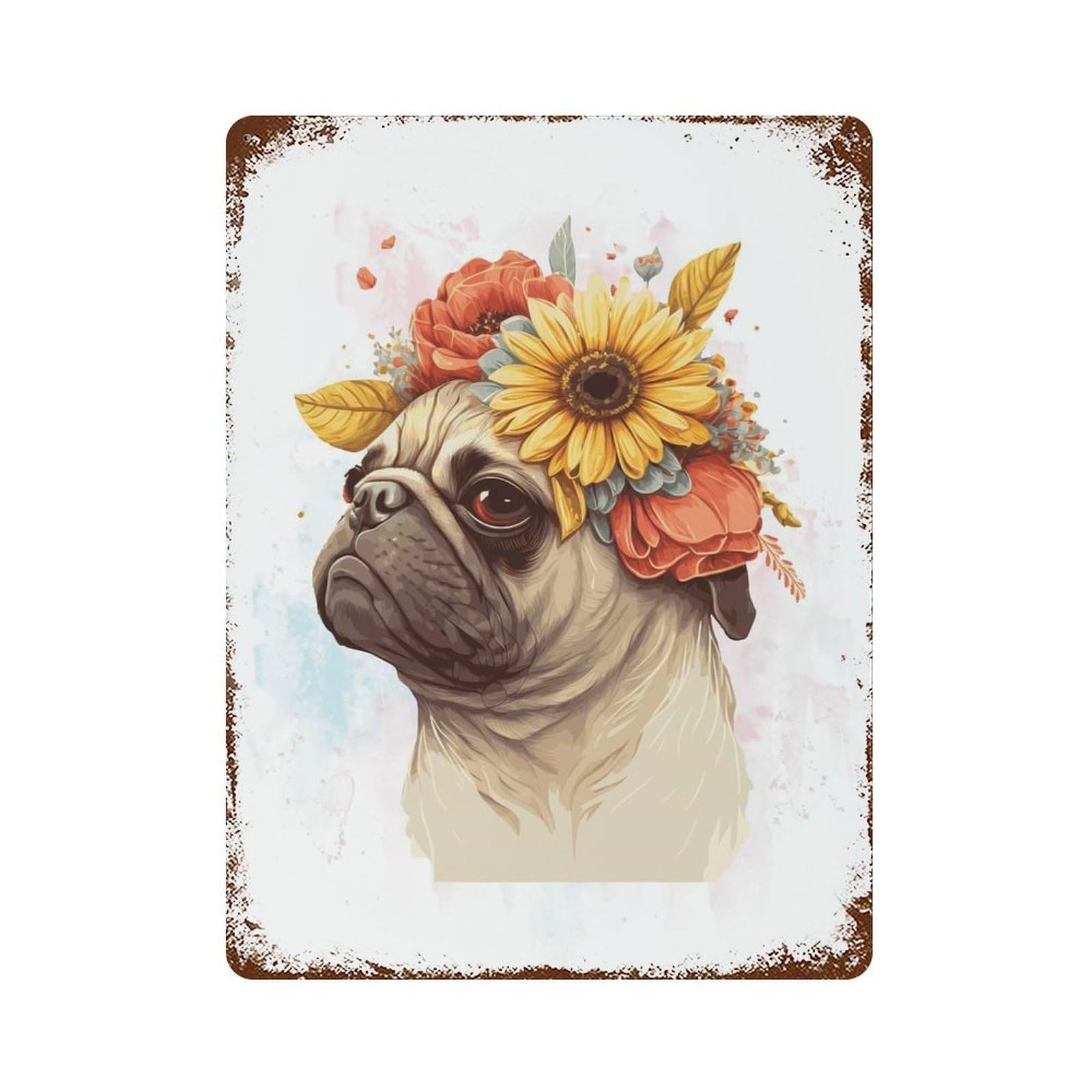 Rust Effect Flower Crown Pug Dog Art Aged Metal Wall Plaque 15.7"x11.8", Shabby Chic Decor for Basement, Hobby Room And Garage Decor