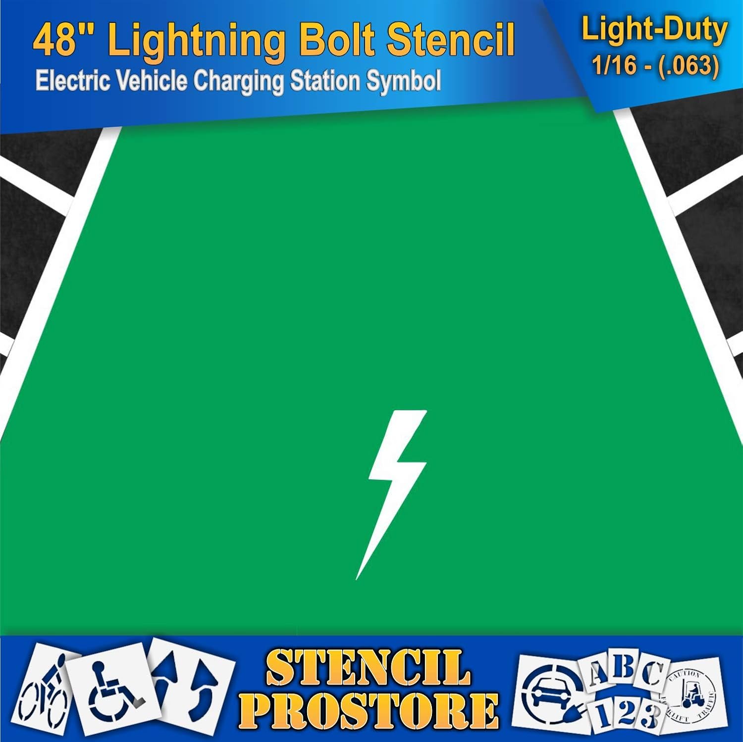Pavement Stencils - 48 in - Electric Vehicle Lightning Bolt Stencil - 48'' x 20'' x 1/16" (63 mil) - Light-Duty