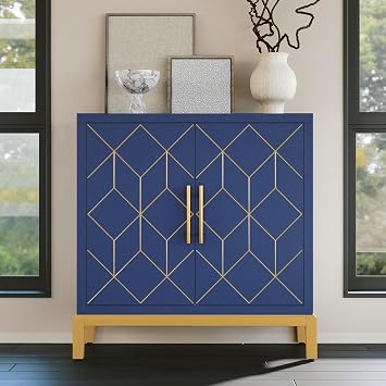 HLR Accent Cabinet with Gold Trim,Storage Cabinet with 2 Doors,Modern Wooden Sideboard for Living Room, Kitchen, Office and Hallway,Blue
