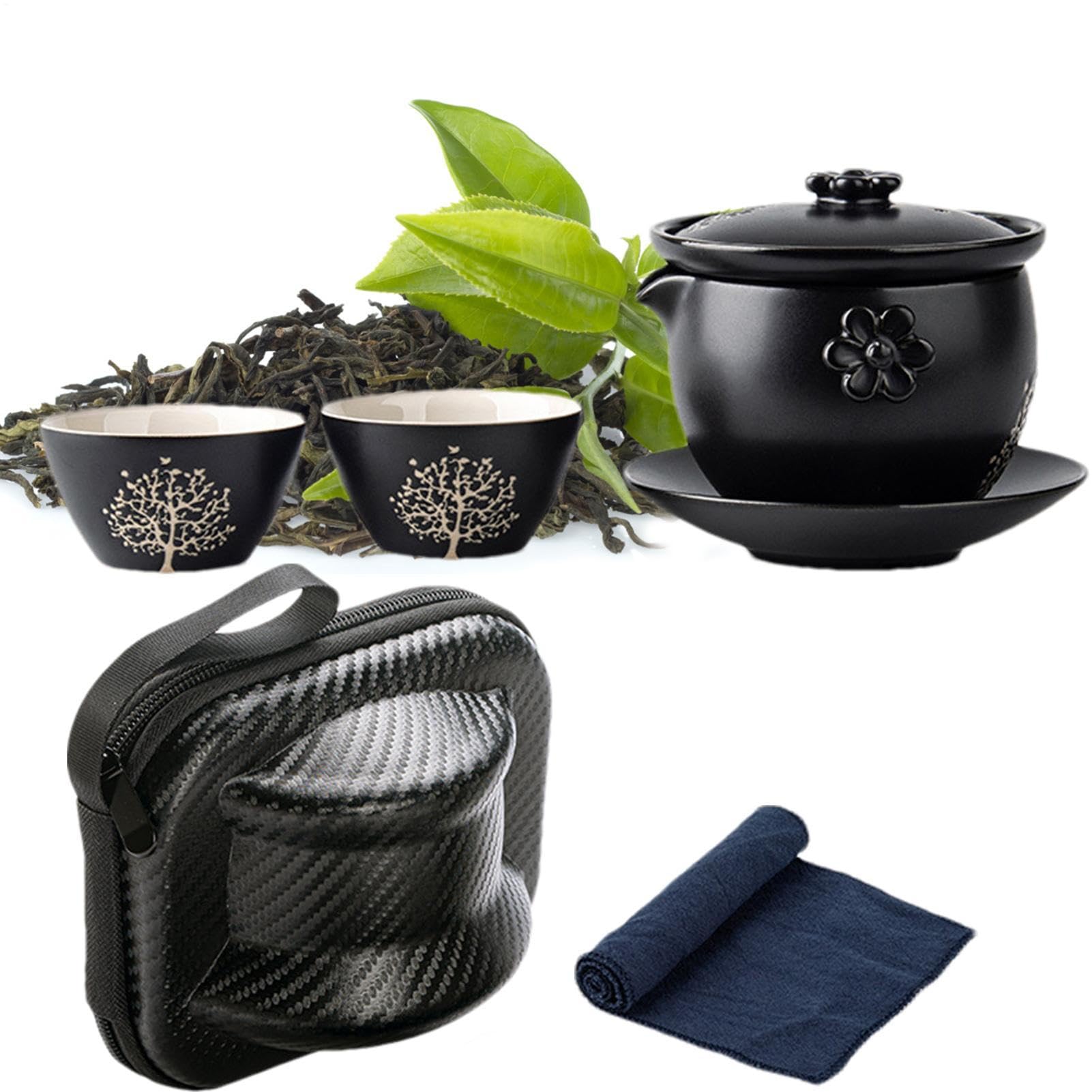 Juego de té japonés, tazas de té de cerámica, juego de té portátil apilable, juego de té de cerámica, antideslizante, para preparar té negro, té verde Pu-erh Oolong