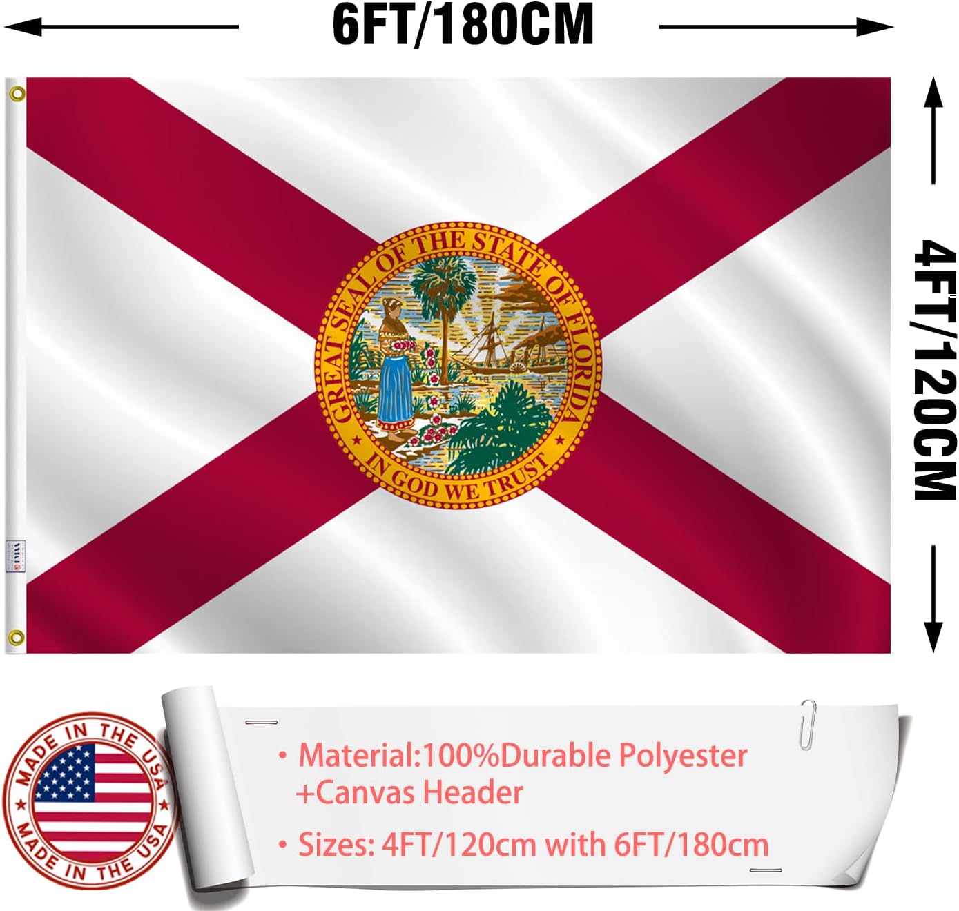 Florida Flag 4x6 Outdoor Made in USA - Double Sided Heavy Duty Vivid Color Florida Flags Banners with 2 Brass Grommet