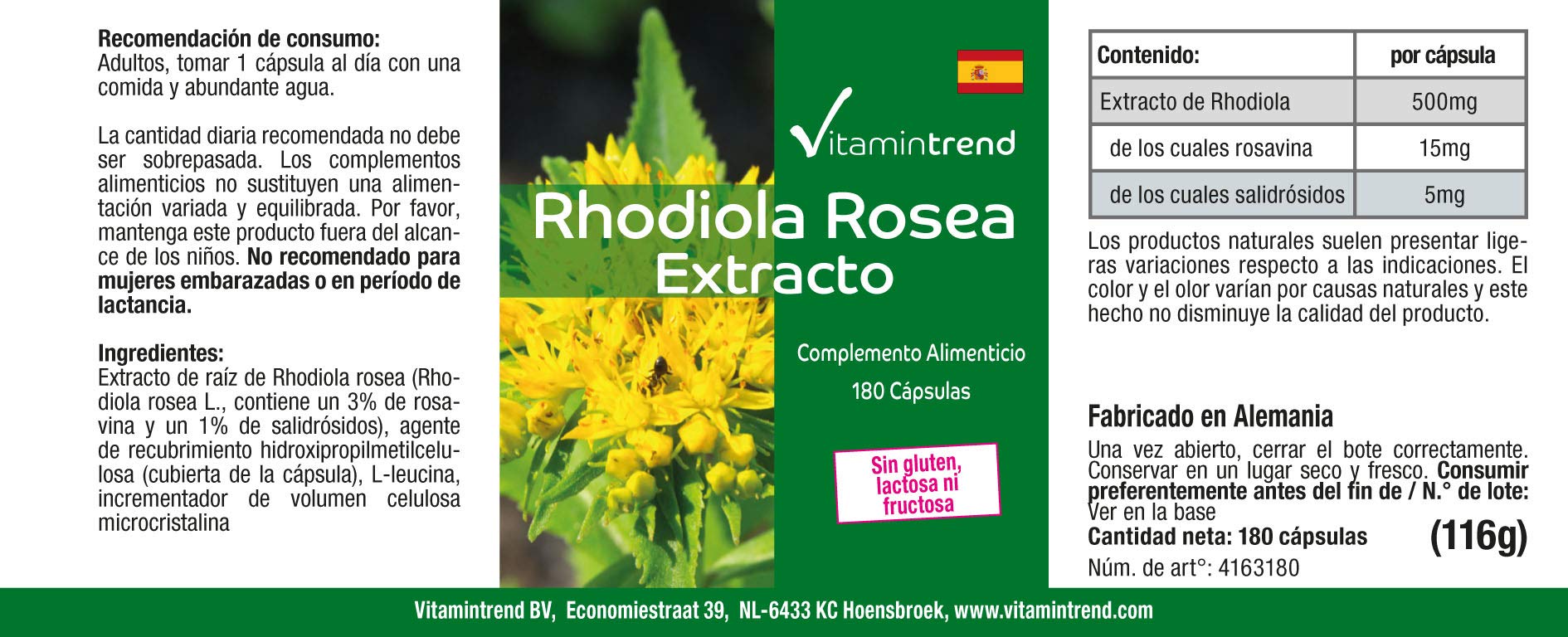 Vitamintrend Rhodiola Rosea Extrakt 500mg Tagesbedarf, 180 Kapseln, schluckfreundlich, hochdosiert, Nahrungsergänzungsmittel vegan ohne Magnesiumstearat, in Deutschland hergestellt
