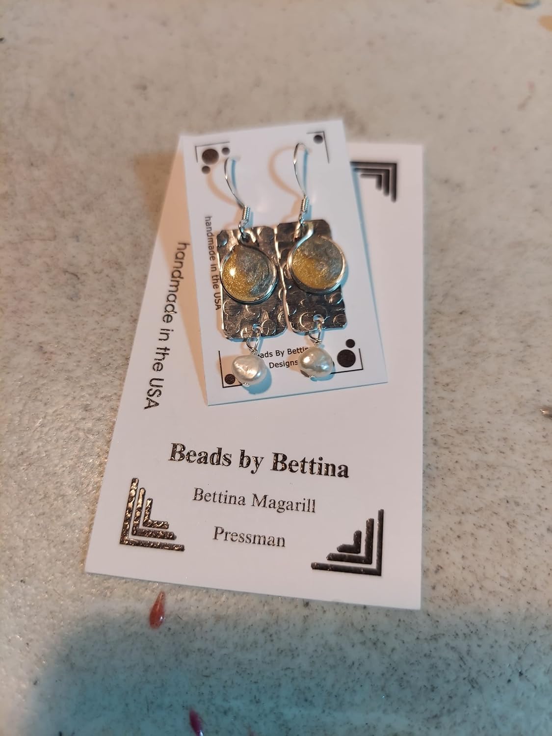 Handmade Lightweight 2 Tone Silver Gold Resin and Pearl Rectangle Drop Dangle Womens Earrings