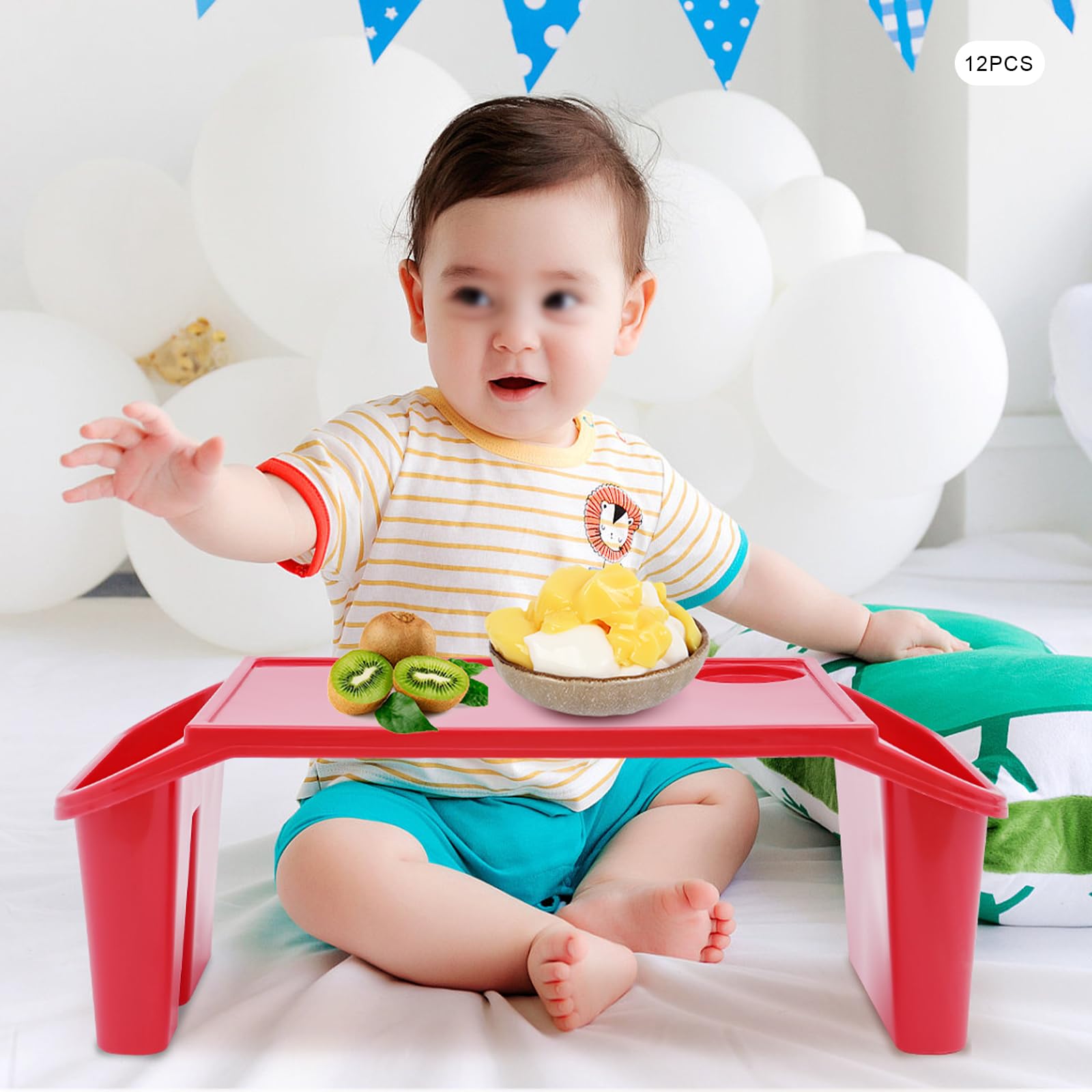 12Pcs Kids Lap Desk Tray,Portable Lap Bed Table with Side Pockets,Plastic Breakfast Laptop Trays for Eating, Writing, Drawing, Game (Red)