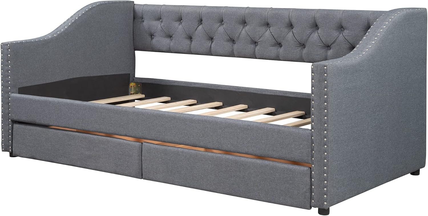 SOFTSEA Twin Size Daybed with Drawers, Upholstered Daybed with Tufted Backrest, Linen Fabric Sofa Bed with Wood Slats Support for Bedroom, Living Room, Guest Room, Gray