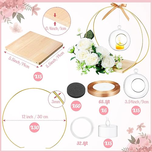 Miniatura 2 de Landhoow 8 juegos de centro de mesa de aro floral de metal con soporte, corona de anillo floral dorado de 12 pulgadas con vela colgante LED, centro