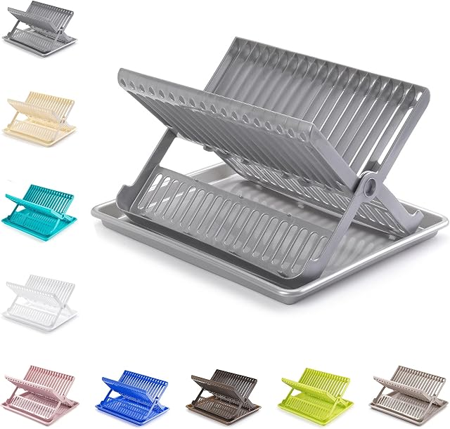 plastific Folding Dish Drainer With Tray Dish Drainer With Drip Tray Cutlery Holder Folding Dish Drainer and Plate Drying Rack With Cutlery Holder (Silver)