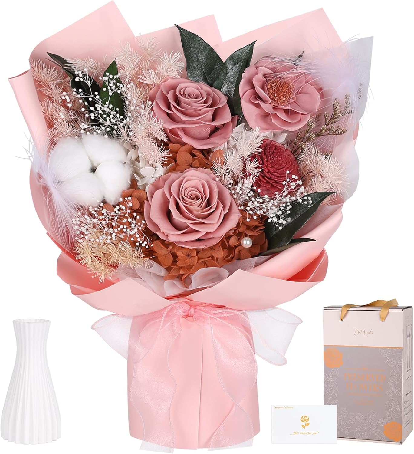 Preserved Bouquet of Flowers - Flesh Forever Flowers for Delivery, Real Eternal Roses Bouquet, Anniversary Birthday Valentine Gifts for Women Mom Grandma Her Wife Girlfriend, Carnation Pink