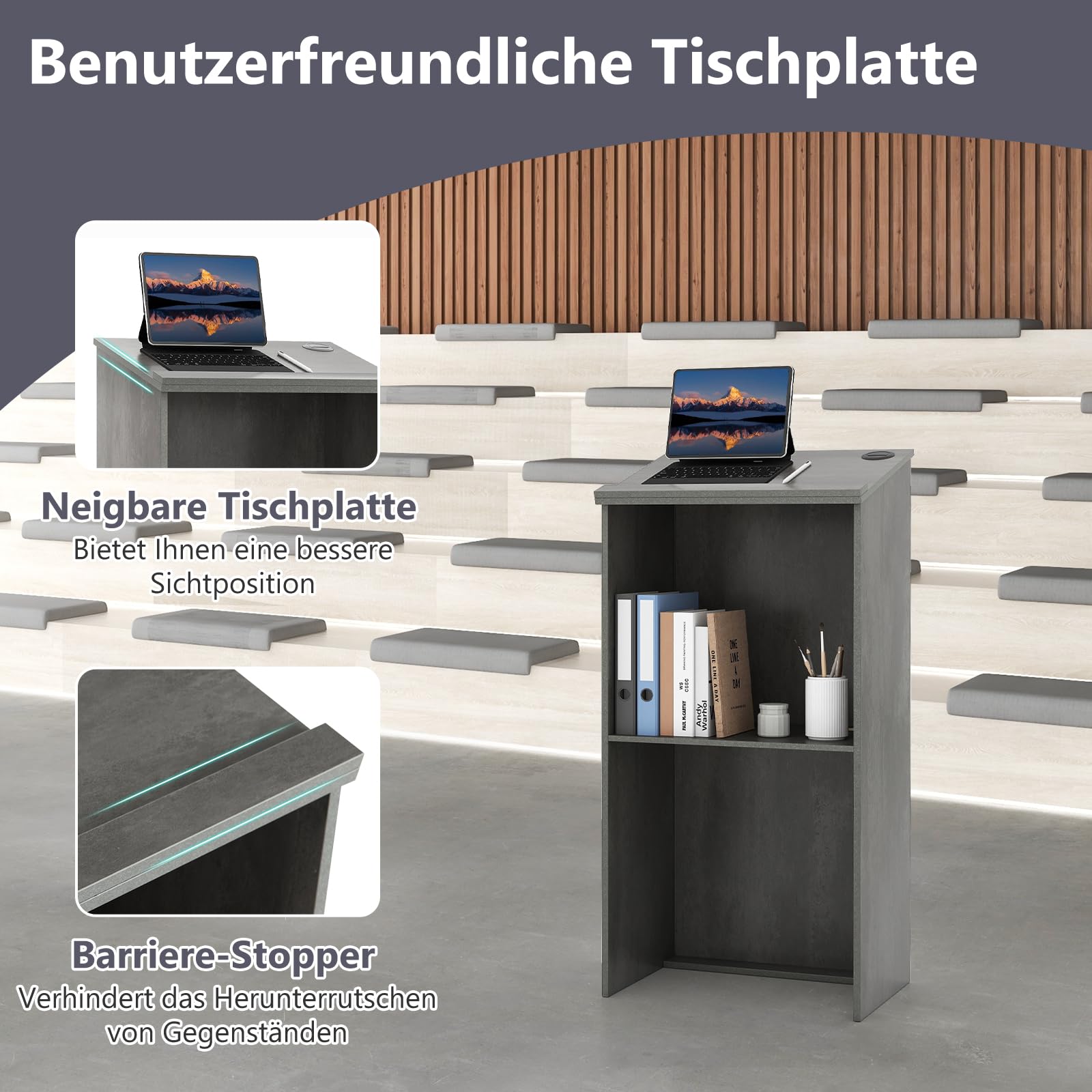 COSTWAY Stehpult, Rednerpult mit Ablagefläche und Kabeldurchführungen, Stehtisch für Klassenzimmer, Kirche, Büro, Restaurant, Seminar (Grau)