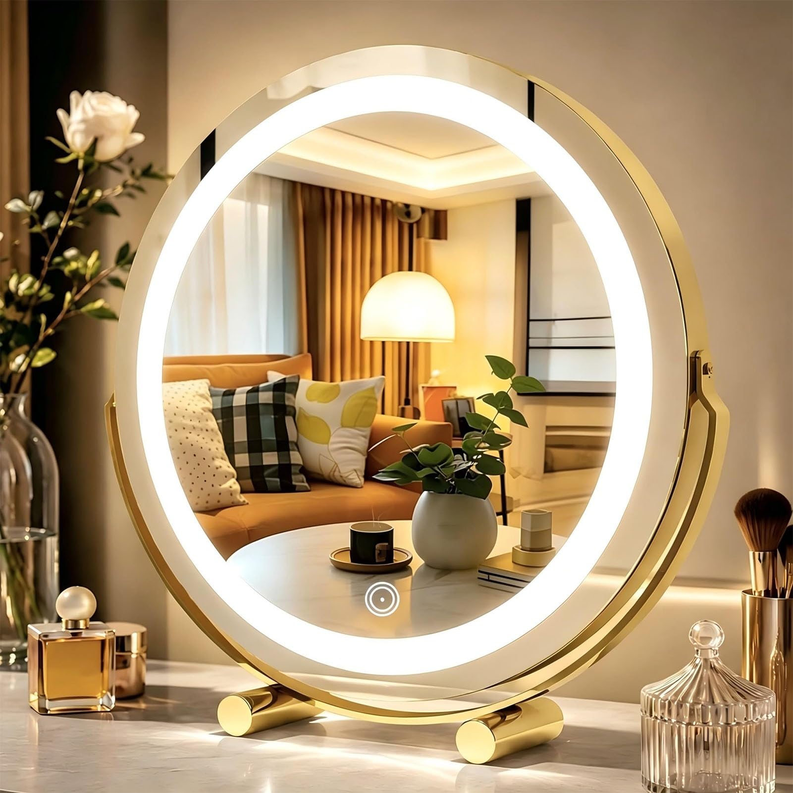 Specchi Per Trucco Con Illuminazione A LED, Specchio Da Toeletta Con Luci, Specchio Luminoso Con Regolazione Della Luminosità, 3 Colori Dimmerabili, Smart Touch E Rotazione A 360°(Gold,30x30cm)