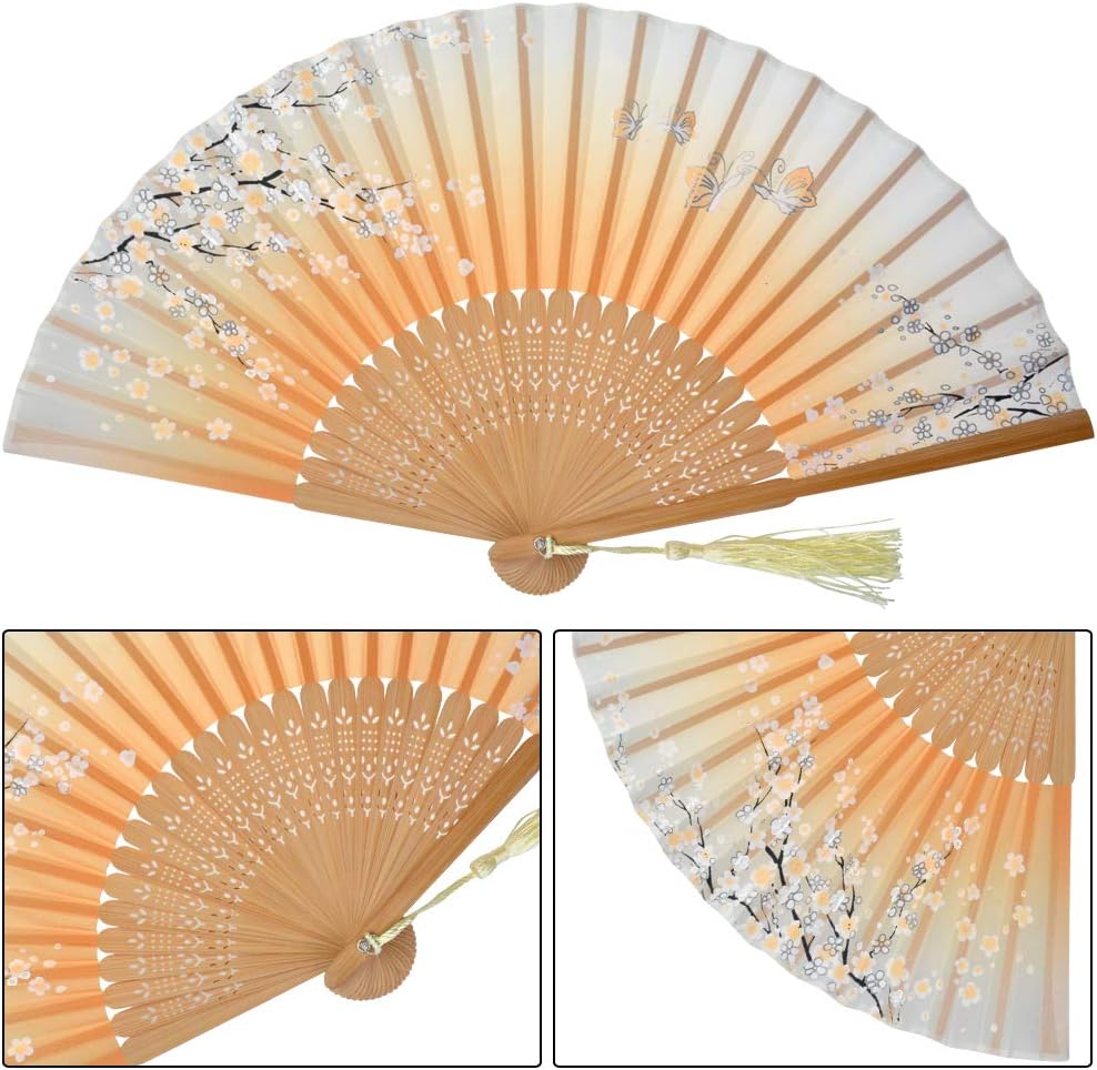 Bantoye 2 Pieces Gradient Color Handheld Fans, Silk Folding Fans with Bamboo Frames for Christmas Dancing Cosplay Wedding Party Props Decoration, Orange and Grey