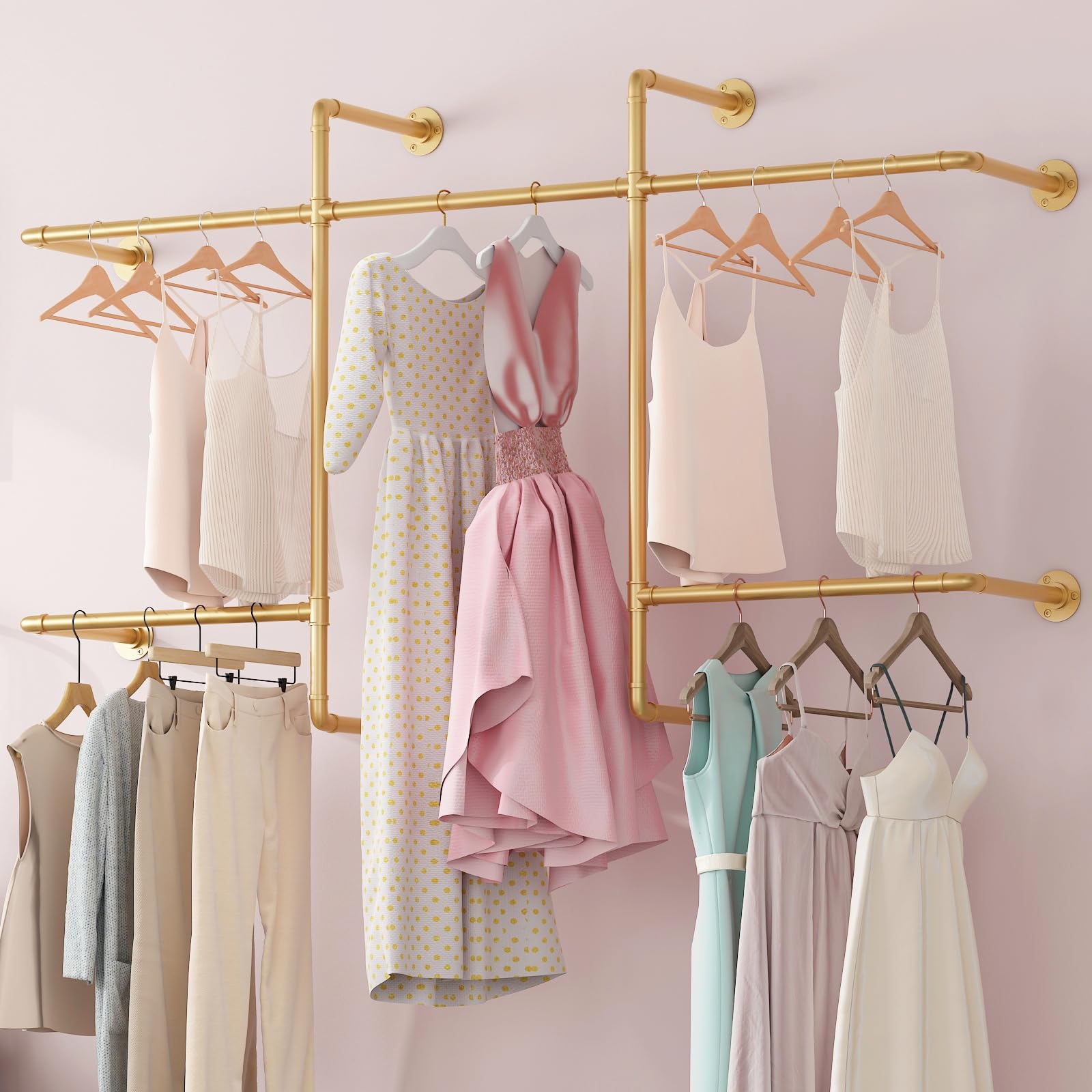 industrial pipe gold clothing rack with 5 hanging rods, wall mounted clothes rack, heavy duty gold pipe clothing rack, large capacity metal closet rods for hanging clothes