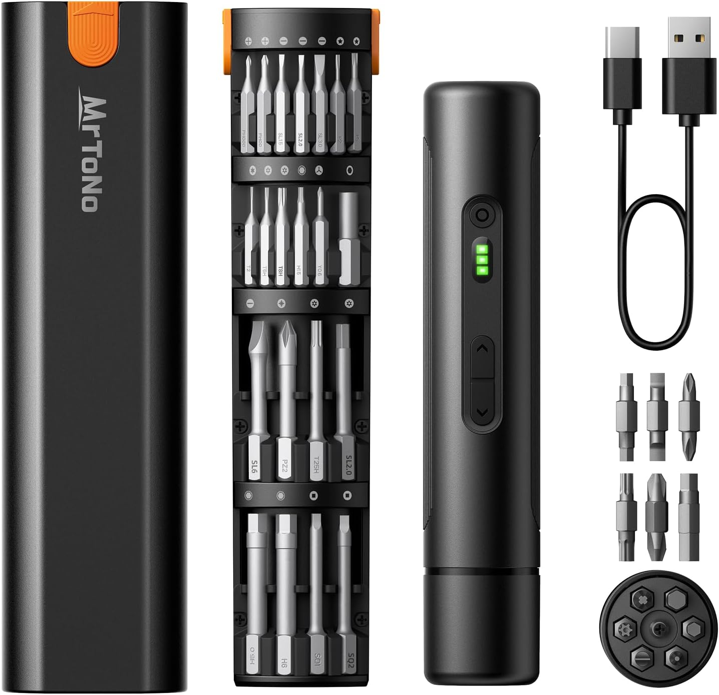 MrToNo Electric Screwdriver, Cordless Screwdriver Set, Power Screwdriver Set, 3 Torque Settings, 1500mAh Battery, 33 Magnetic Bits, LED Light, Rechargeable Tool for Furniture, DIY, Household Repair