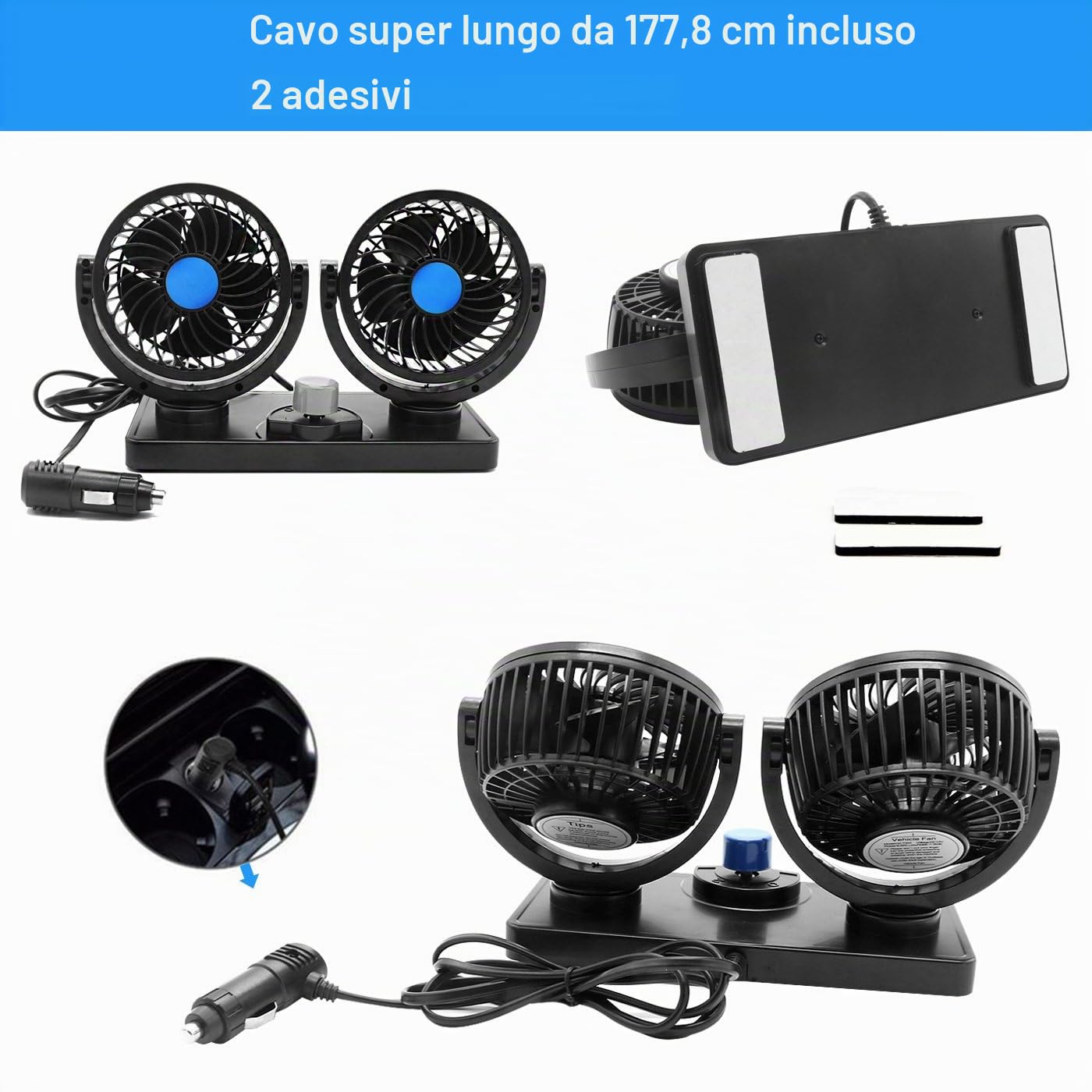 Ventilatore Auto 360° Ruotabile Ventola 12V Due Teste Elettrica Estate Raffreddamento 2 Velocità Accendisigari Auto per SUV RV ATV Camion Camper (Nero)