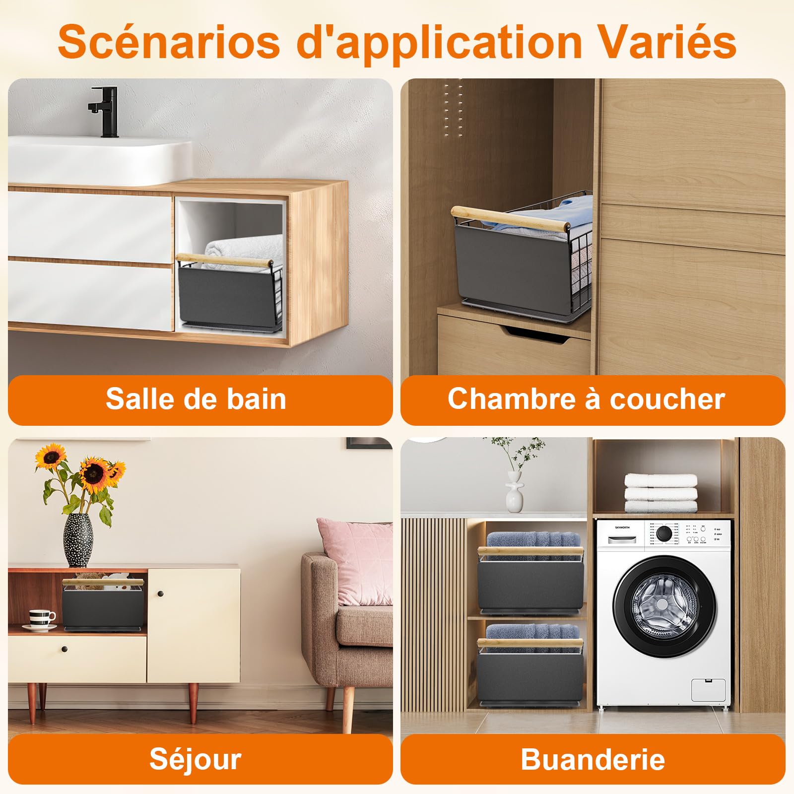 Lot de 2 tiroirs extensibles de cuisine, en acier au carbone de qualité supérieure, tiroir télescopique ultra silencieux, 40 cm x 23 cm x 20 cm, convient pour la cuisine, la salle de bain, le
