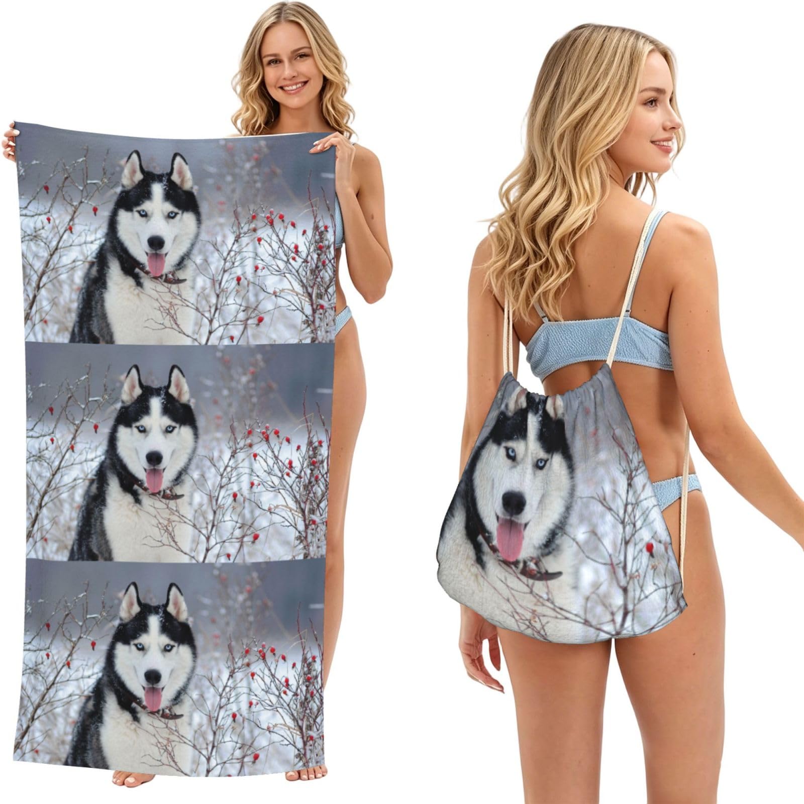 Poadnly As Picture Husky In Winter, 2 In 1 Packable Towel Bag, Beach Towels With Drawstring Backpack For Travel Holiday Camping