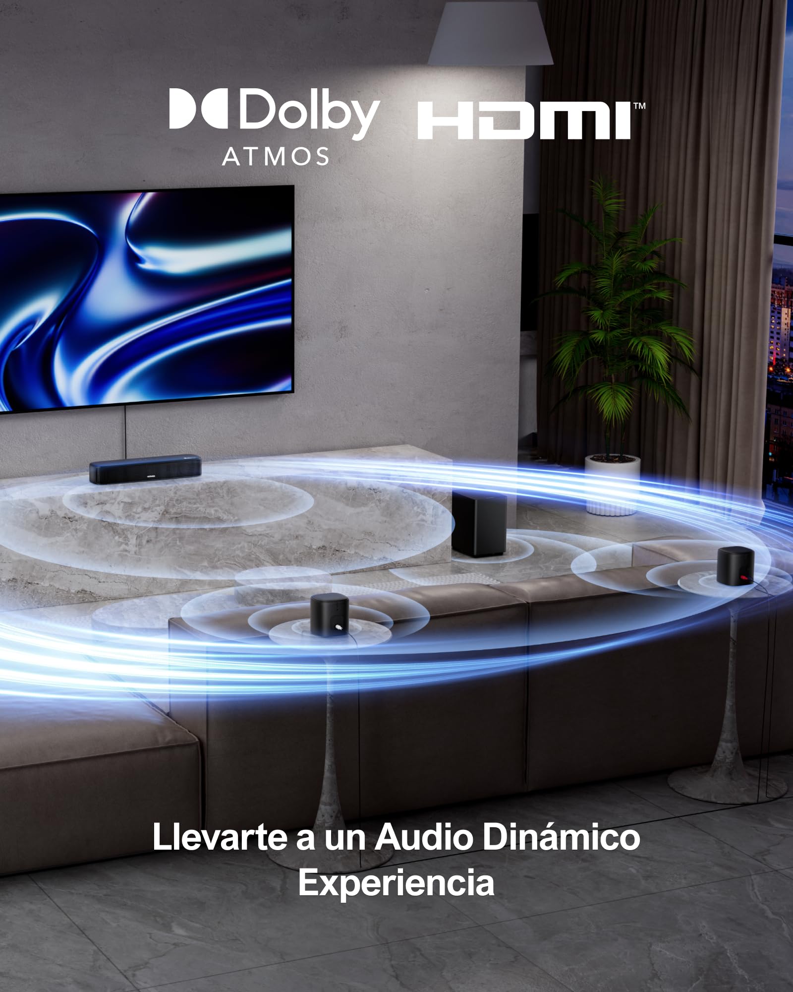 ULTIMEA Barra de Sonido 5.1 con Dolby Atmos, Sistema de Sonido Surround, Sistema de Sonido de Cine en Casa, Barra de Sonido TV con Subwoofer, 2 Altavoces Surround, HDMI eARC/ÓPT/AUX, Aura A50 Pro