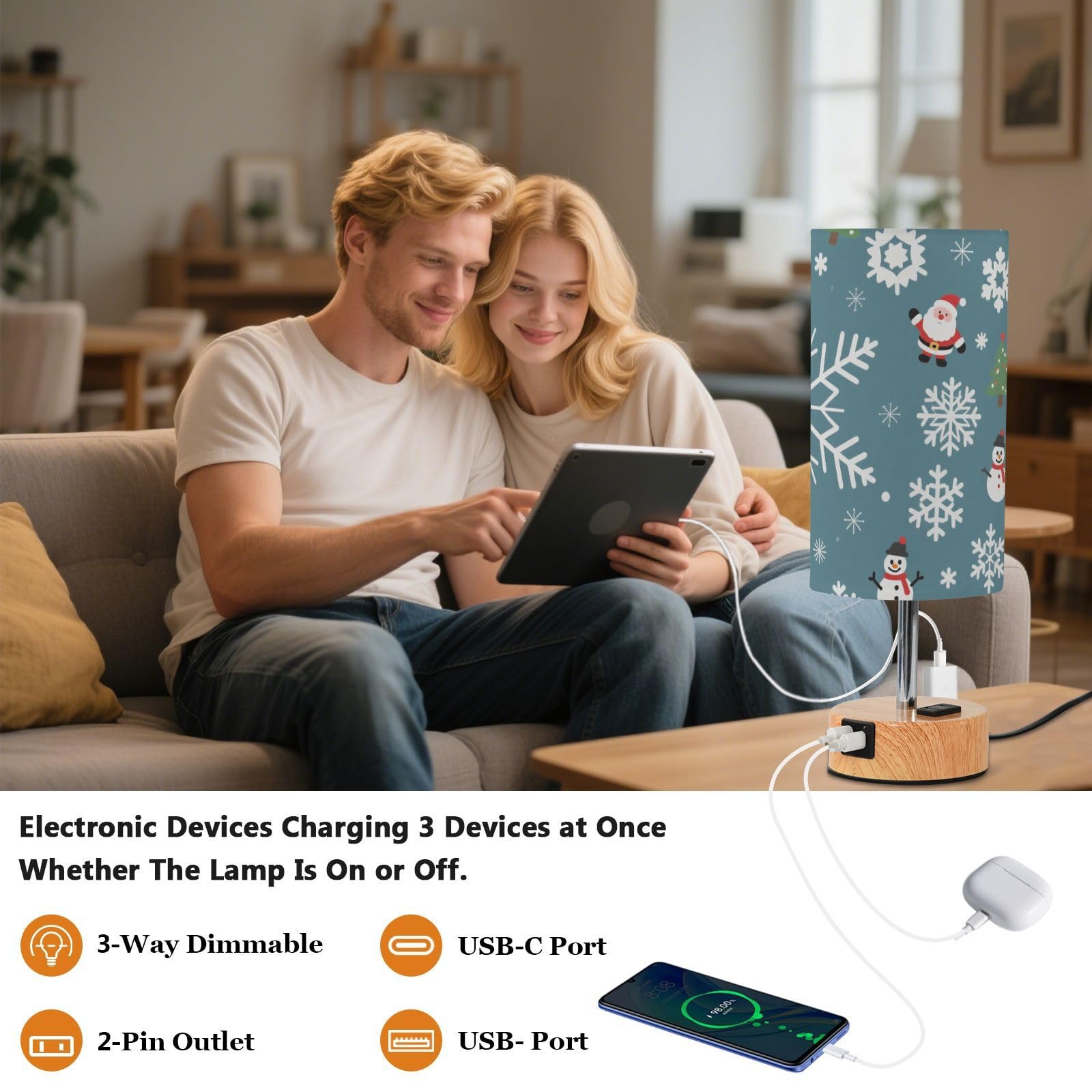 Moda Wesołych Świąt płatek śniegu niebieska lampa stołowa sterowanie dotykowe 3-kierunkowe ściemniane lampki nocne z portami USB C+A 3 temperatury barwowe do akademika