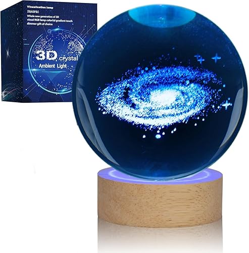 Miniatura 6 de ZQAOFKC Lámpara de bola de cristal con sistema galáctico 3D de 3.15 pulgadas, luz nocturna de bola de cristal K9 con base de madera, 7 colores que