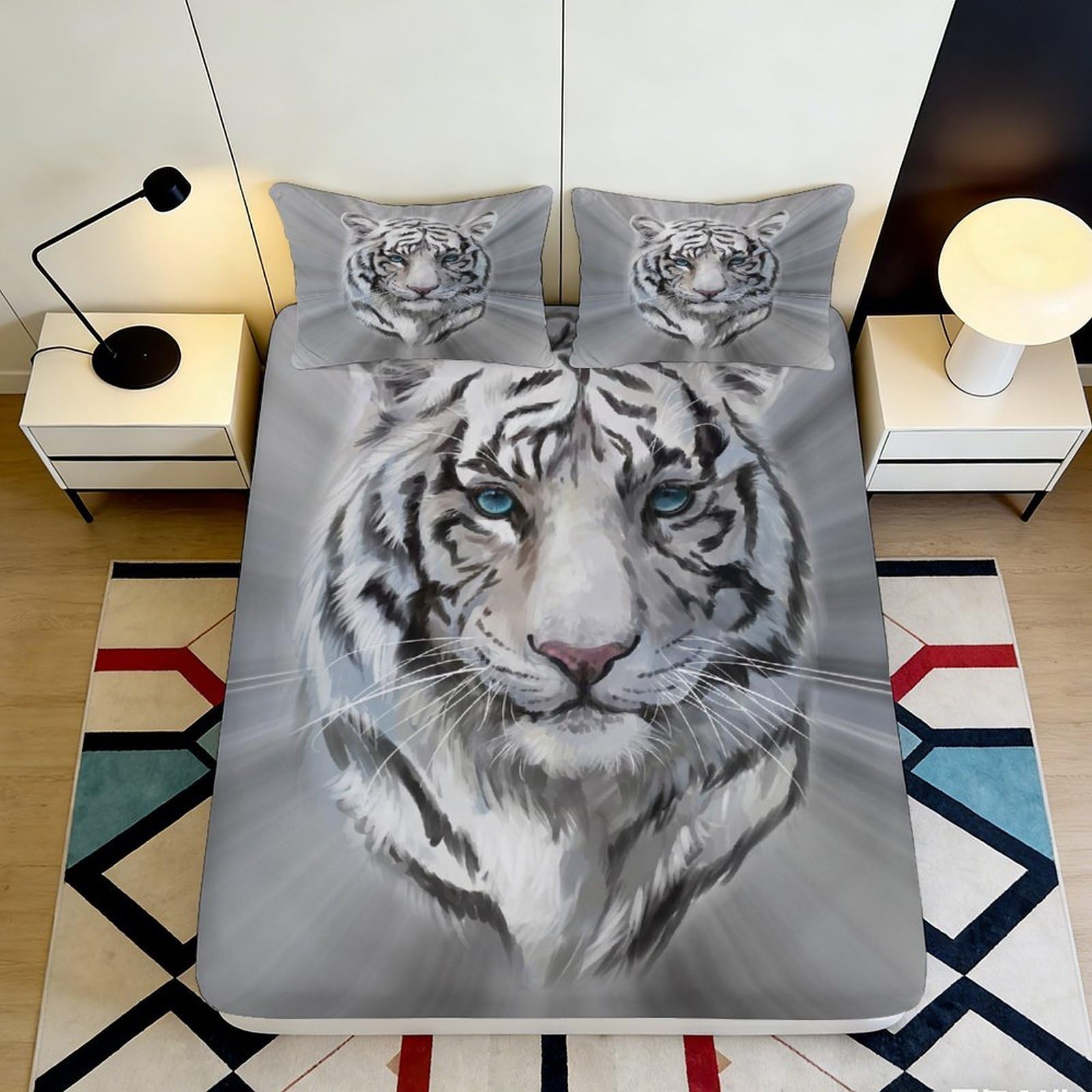 3D Printed White Tiger Fitted Sheet Microfiber Soft Grey Animal Bed Cover with Blue Eyes for Bedroom Dorm Mattress Protection 90x200x25cm