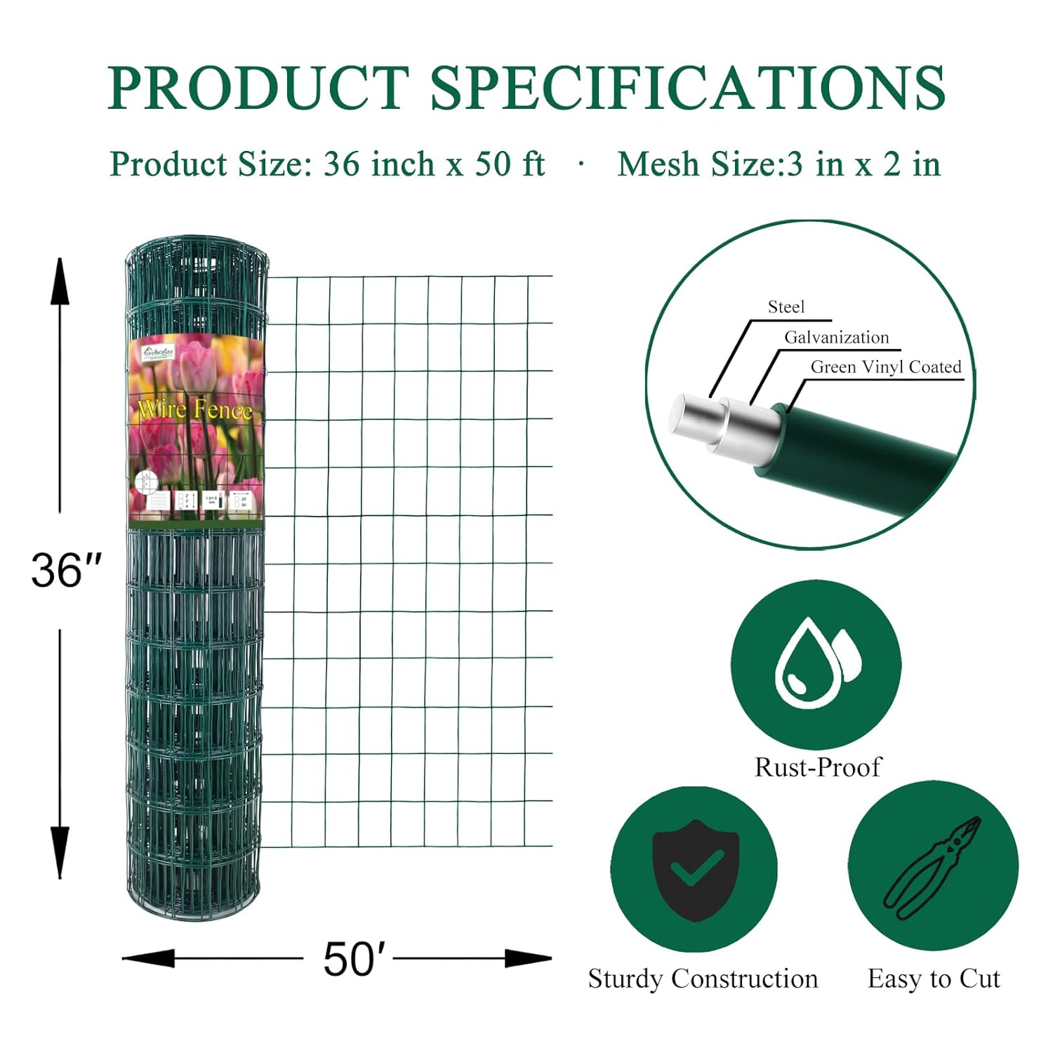 Green PVC Coated Welded Wire Fence 36 Inch x 50 Foot, 2 Inch x 3 Inch 16GA, Garden Border Fencing Roll Vinyl Coating Metal Wire Mesh for Yard Vegetable Plant Protection Poultry Netting