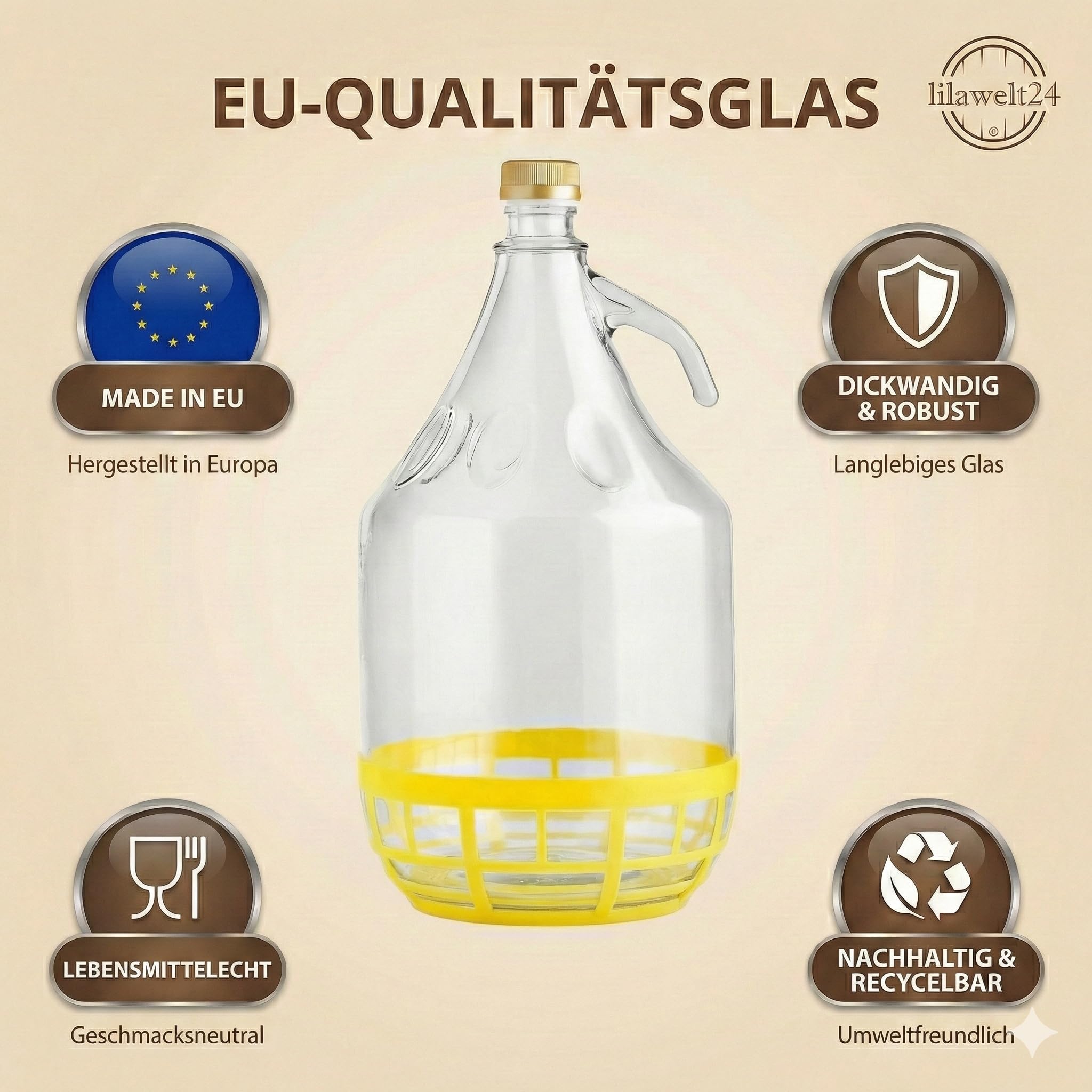 lilawelt24 6 x 5L Glasballon (Gallone) mit Schutzkorb, Schraubverschluss & Henkel - Glasflasche für Wein, Gärung & Saft - EU-Qualität