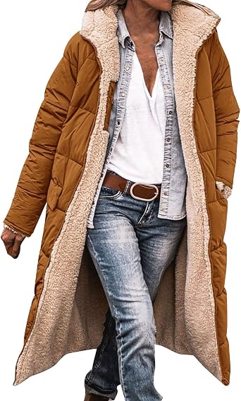 Sherpa Fleece Lined Quilted Coats For Women Plus Szie Hooded Warm Winter Long Puffer Jackets Fashion Zip Up Outwear