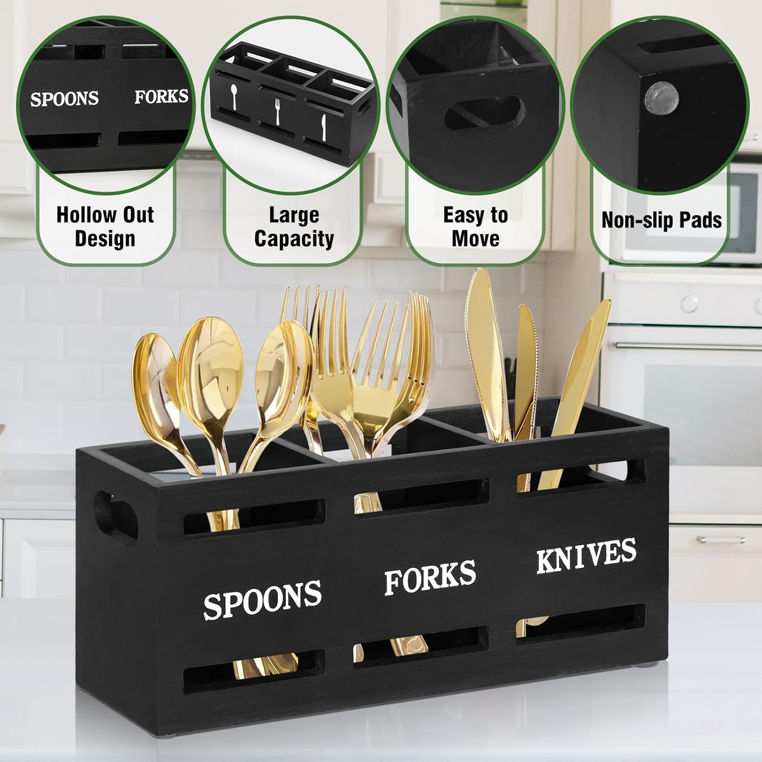 Updesign Wooden Silverware Caddy Flatware Cutlery Holder for Kitchen Countertop, Wood Silverware Organizer Storage Containers with Double-sided Printing, Kitchen Utensils Holder with 3 Compartments