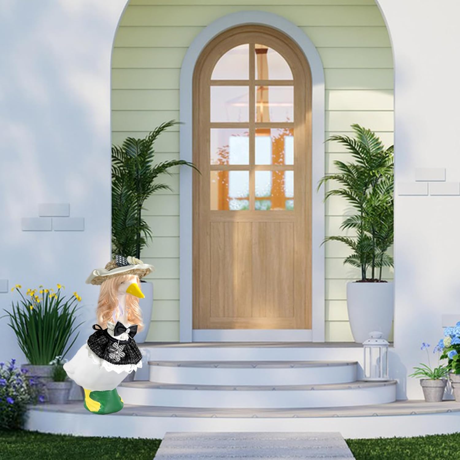 Elegant Lady Porch Goose Outfits with Blonde Curly Wigs, 23"/ 17" Lawn Goose Statue or Plastic Goose Clothing Porch Garden Outdoor Decor Costume, Black&White
