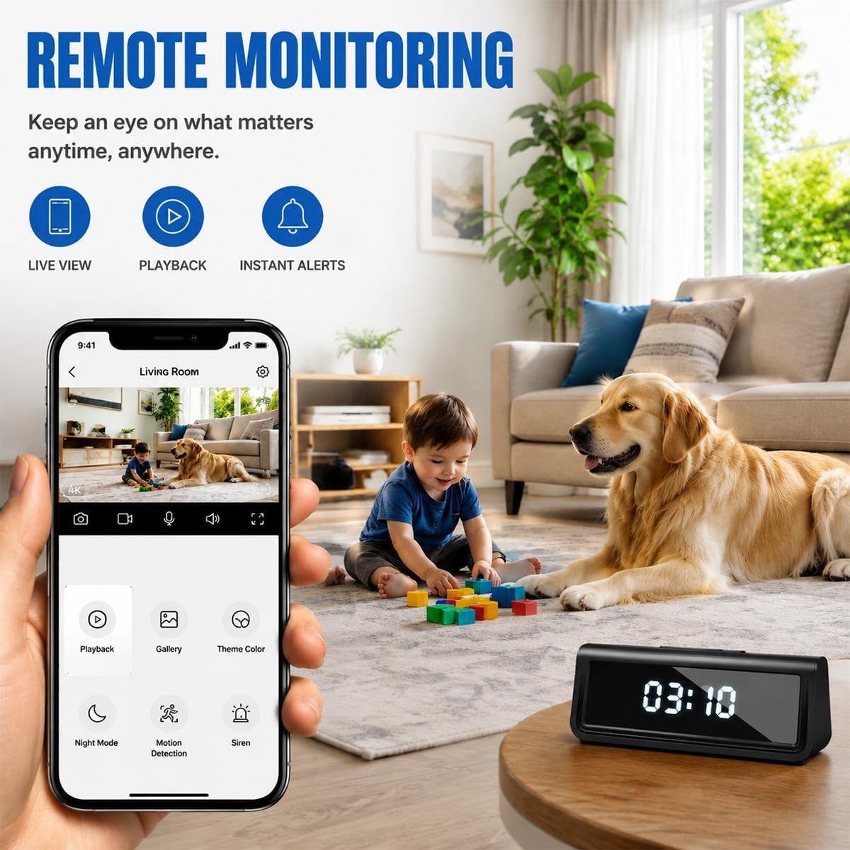 A21 4K Indoor Security Camera, Smart Clock Hidden Camera with 150° Wide Angle, 5G WiFi Remote Monitoring for Baby, Pet & Home Security, Motion Alerts, IR Night Vision, Local Storage up to 256GB