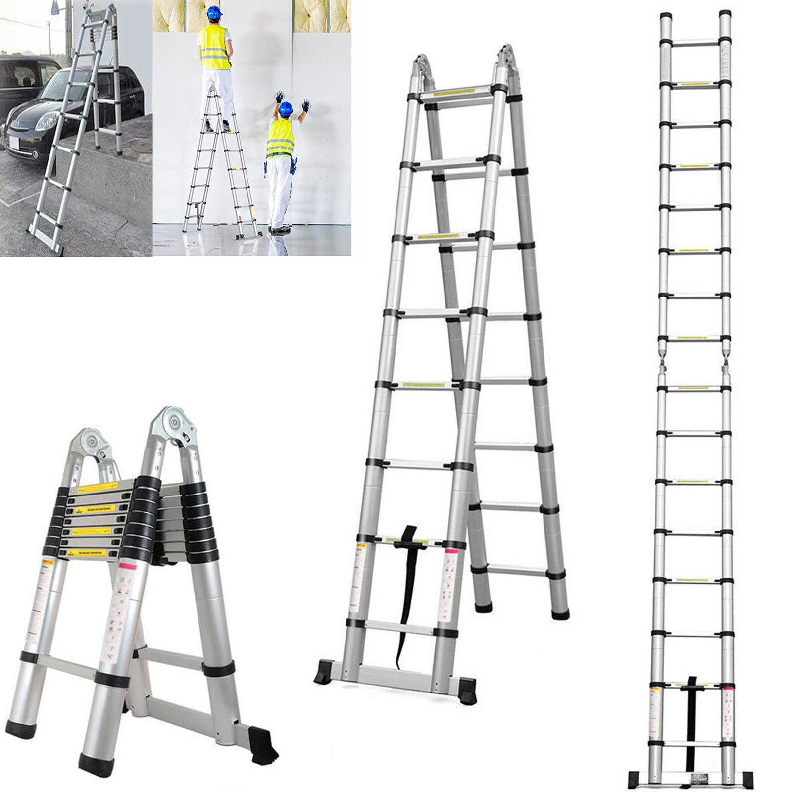 Escalera telescópica de 3,8 m con estabilizador, 1,9 m + 1,9 m, portátil, multiusos, con pies de goma antideslizantes, escalera extensible, escalera plegable, escalera de acero inoxidable, 150 kg,