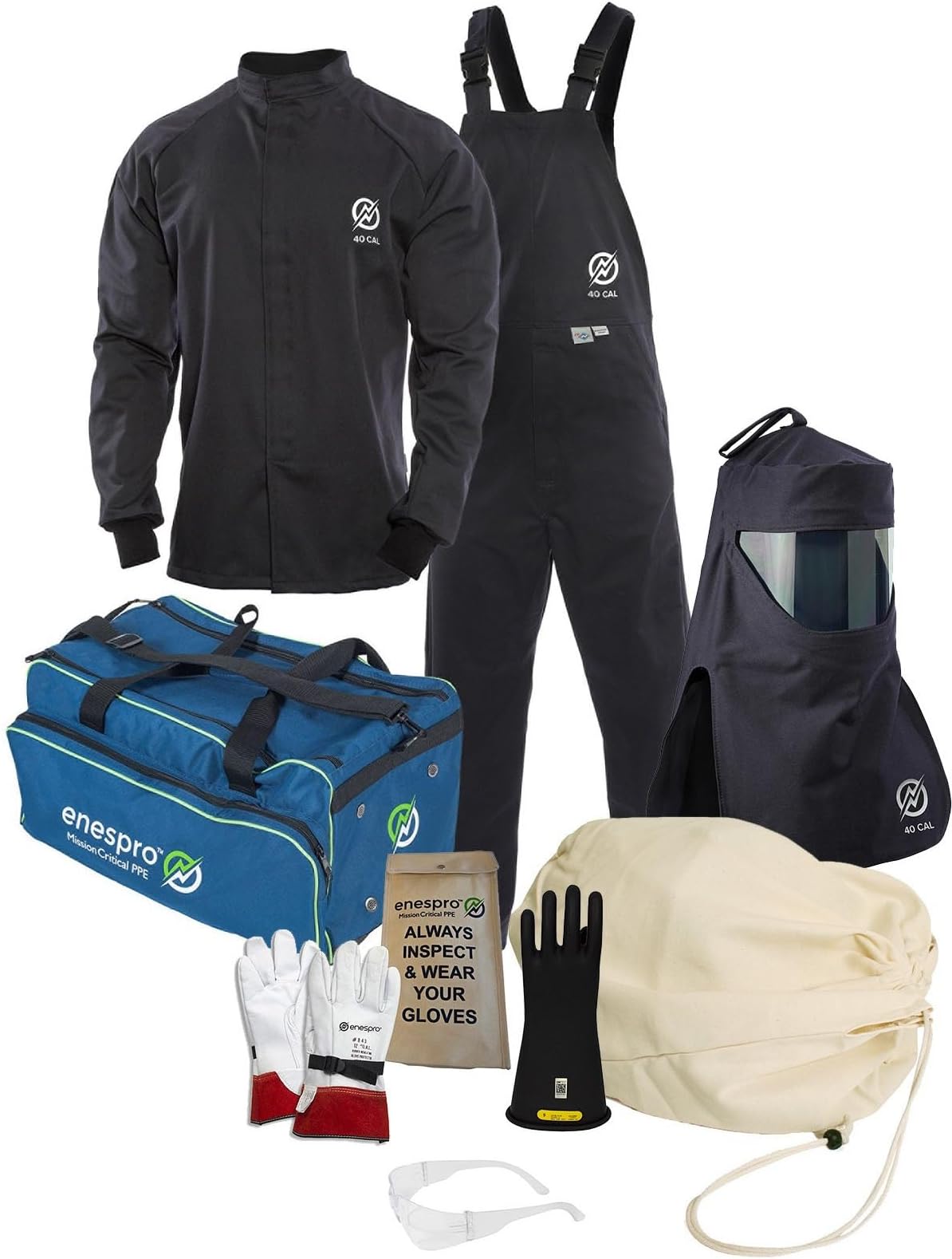 Enespro ArcGuard, CAT 4, 40 Cal Arc Flash Kit with FR Short Coat and Bib Overall, Standard Hood, Safety Glasses, and Gear Bag