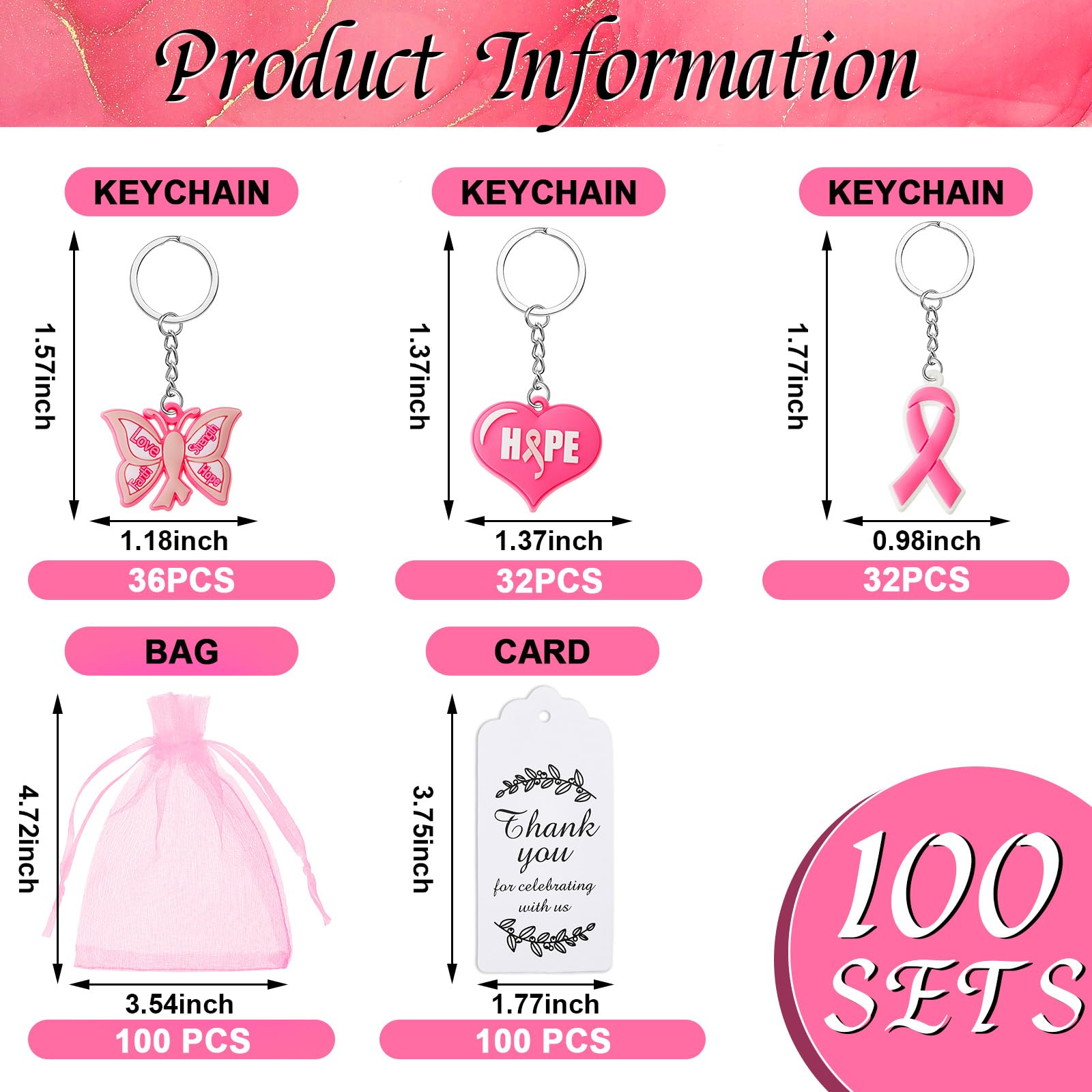 Taiyin Brustkrebs-Bewusstseins-Geschenke, rosa Brustkrebs-Schlüsselanhänger, Großpackung mit rosa Schleife, Schmetterling, Herz, Schlüsselanhänger, Brustkrebs
