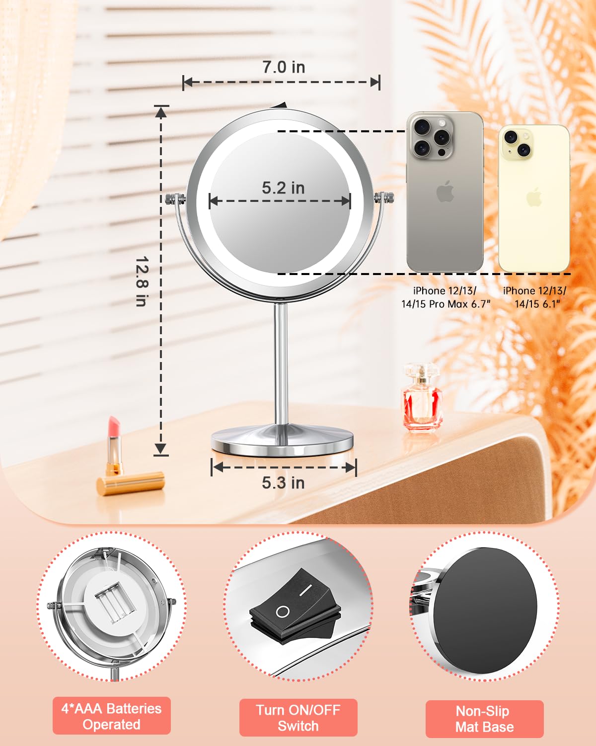 Benbilry 10X Magnifying Lighted Makeup Mirror, 7 Inch Double Sided 1X/10X Magnification with Lights, 360° Rotation Swivel Travel Make Up Mirror with Lighting, Battery Operated Black