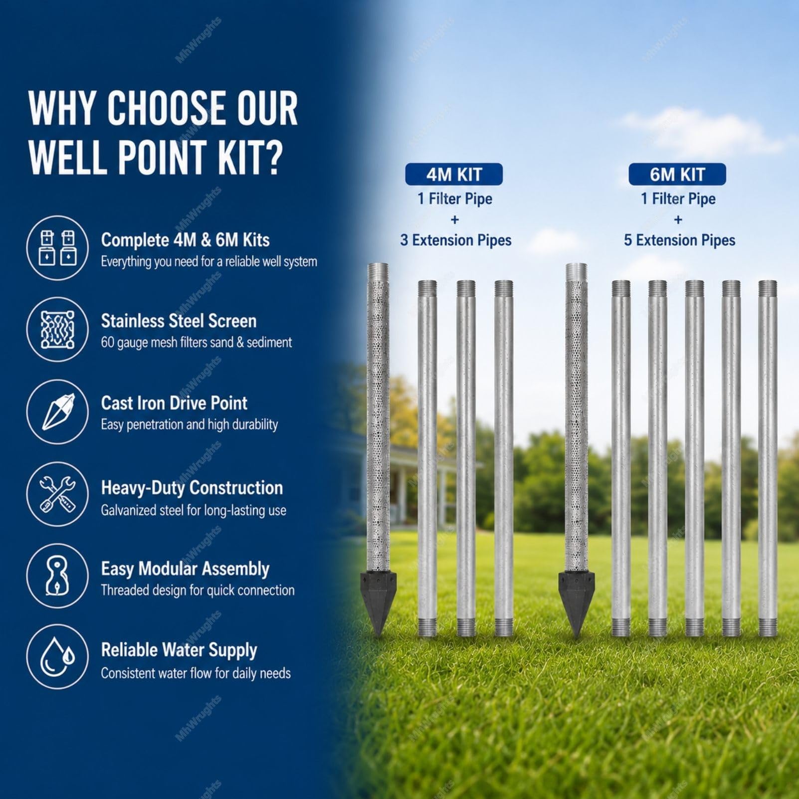 Kit de Forage de puits d'eau, Disponible en configurations de 4 m ou 6 m, Pointe de puits enfoncée de 1-1/4 Pouce avec crépine en Acier Inoxydable et tuyaux d'extension galvanisés 4M