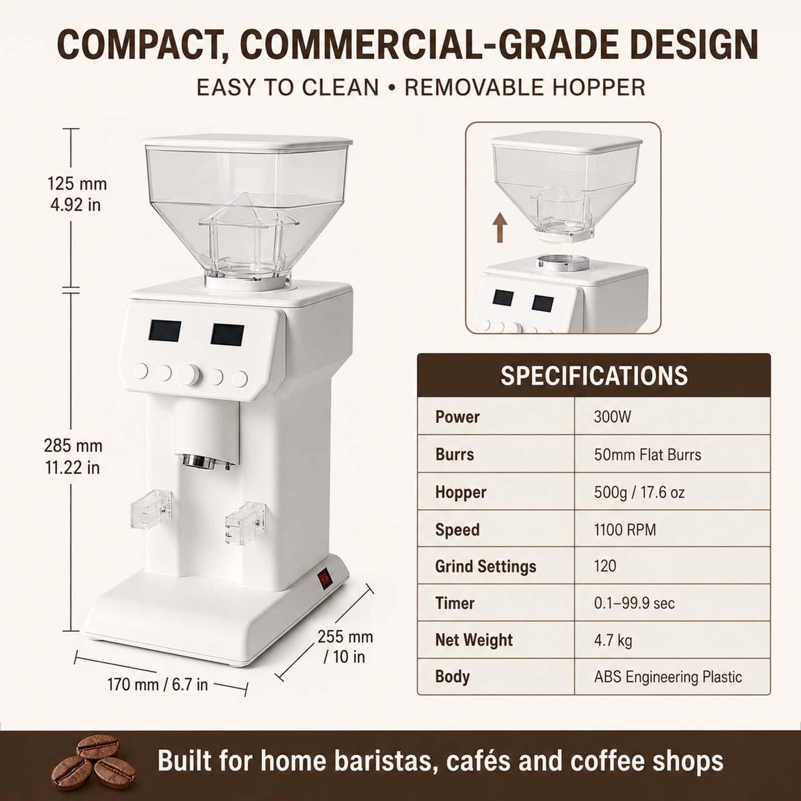 Molinillo de Espresso Profesional para Baristas Caseros, 120 Ajustes, 300 W Black | Muelas planas de 50 mm, molienda a baja temperatura de 1100 RPM, soporte de 58 mm, dosificación temporizada