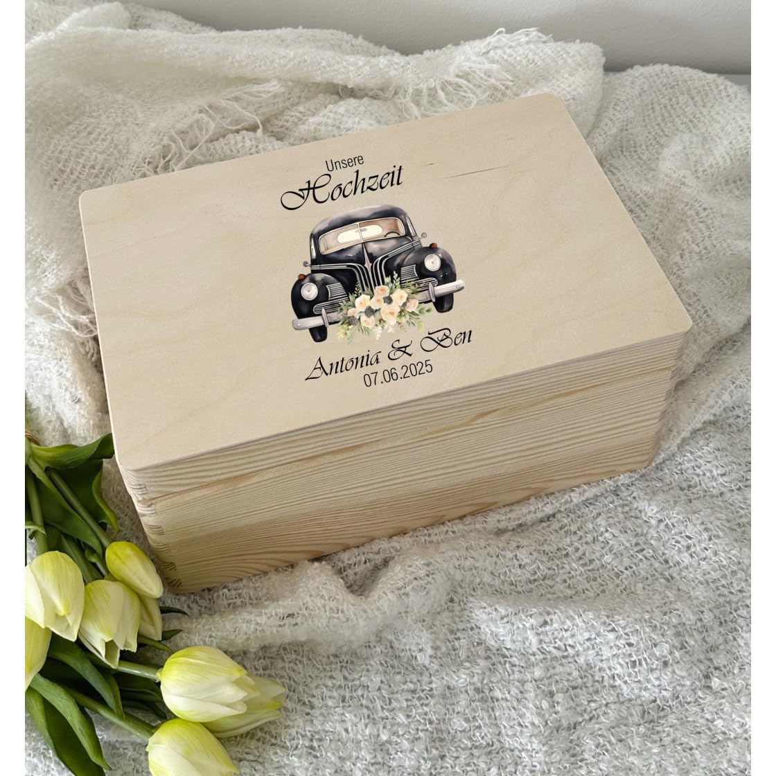 Erinnerungskiste Hochzeit aus Holz - Personalisiert mit Name - Aufbewahrungsbox Hochzeitsgeschenk Geschenkbox L (40x30x13,5 cm) Auto
